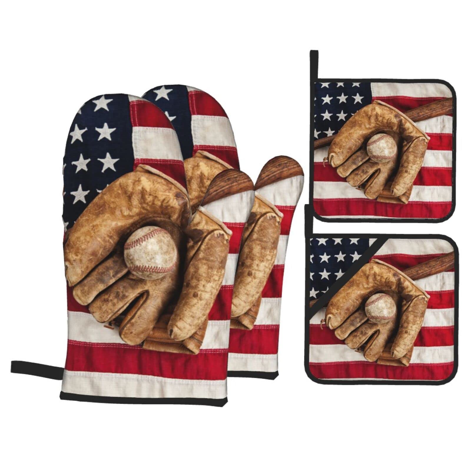 Vintage Baseball Sport American Flag Oven Mitts and Pot Holders Set - 4 Piece Heat Resistant Kitchen Gloves for Cooking, Baking, BBQ & Grilling - Perfect for Home Chefs, Camping & Outdoor Picnics