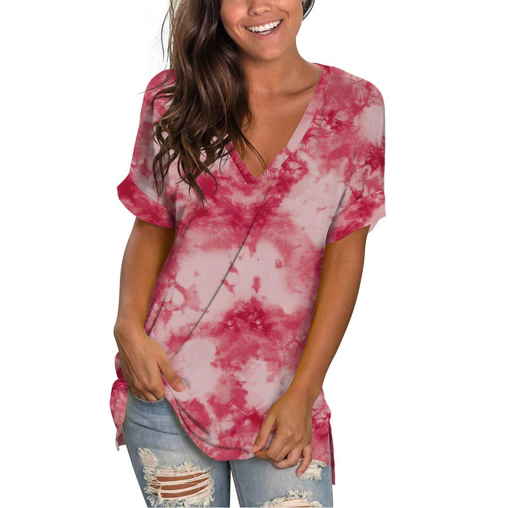 Qopobobo Women's Short Sleeve V-Neck Pocket Ruffled Loose Tunic Tops - Casual Solid Color Basic Tee Shirts for Everyday Wear, Work & Outings