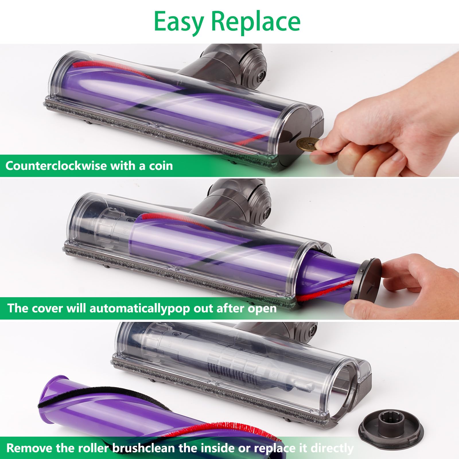 Dyson V8 V10 V11 V15 SV10 SV12 SV14 Vacuum Cleaner Replacement Parts - Quick Release Motorhead Cleaner & Roller Brush Kit | Compatible Accessories for Pet Hair, Hard Floors & Carpets