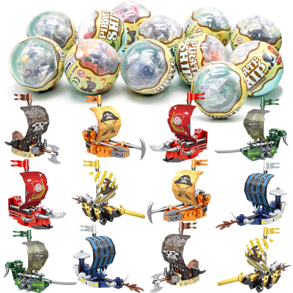 12 Pcs Prefilled Easter Eggs with Ship Building Blocks for Kids - Pirate Ship Toys for Boys & Girls, Easter Party Surprise Basket Fillers & Stuffers | Fun Easter Egg Hunt, Birthday Gifts & Party Favors