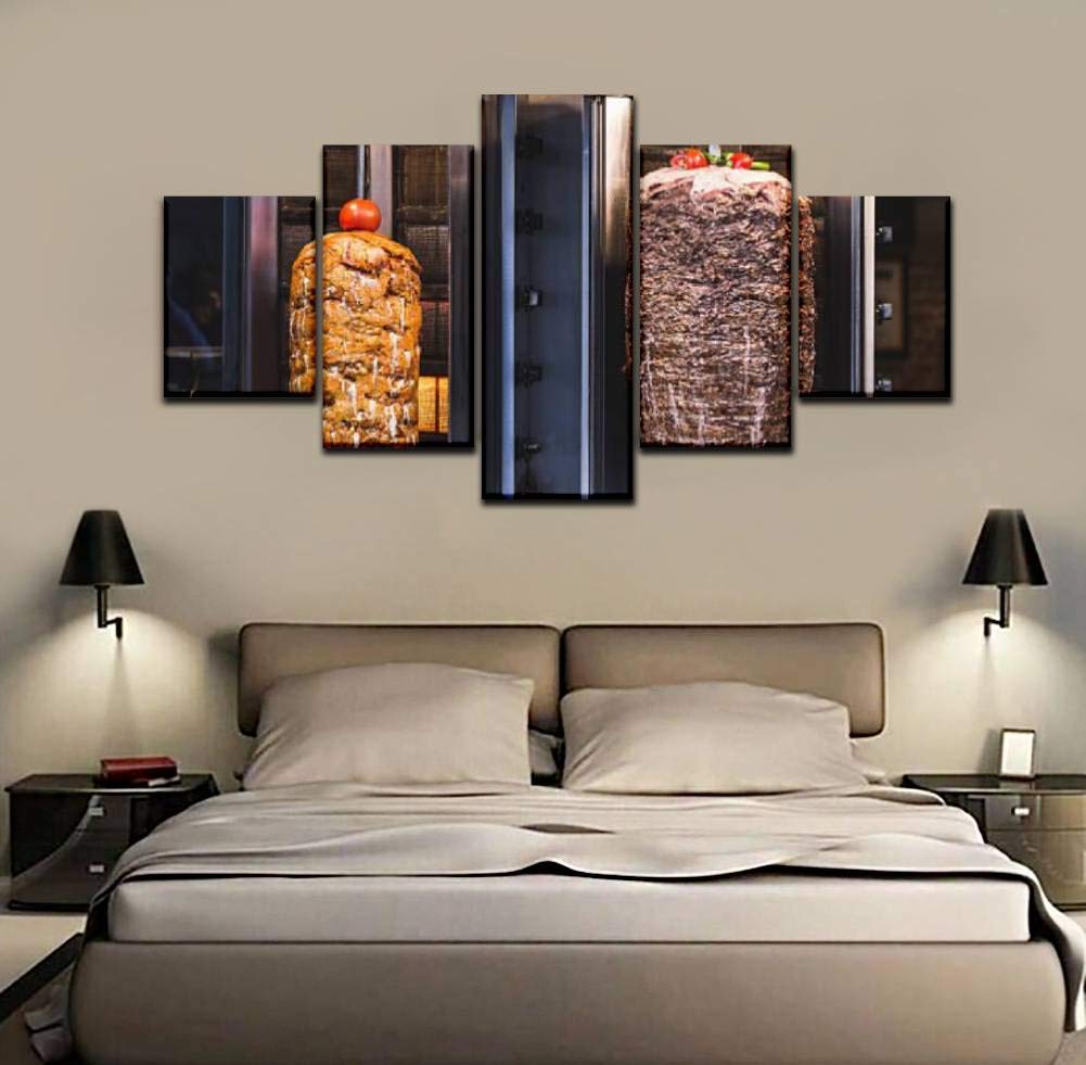 Skipvelo 5-Panel Wall Art Canvas Print - Turkish Doner Kebab BBQ Meat Restaurant Scene in Istanbul - Stretched & Framed Ready to Hang Wall Decor - Perfect for Kitchen, Dining Room or Mediterranean-Themed Home Decor