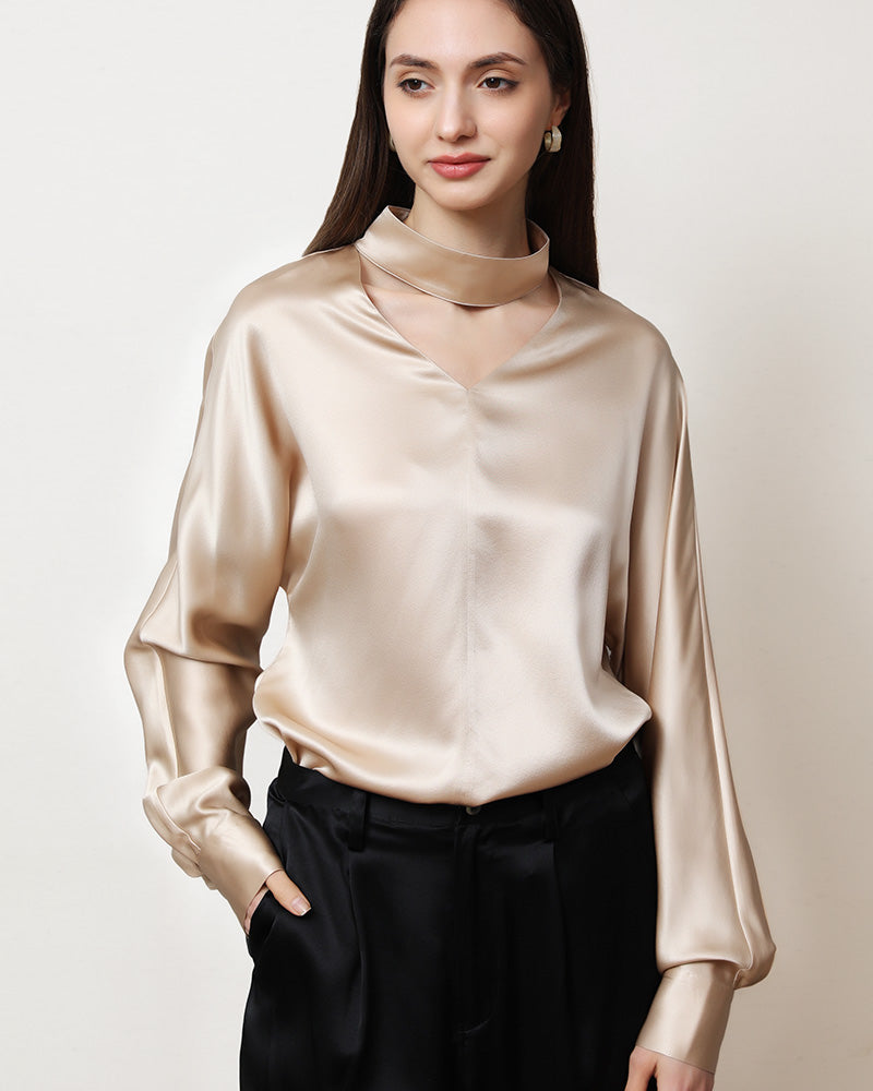 Elegant V Neck Lantern Sleeve Silk Blouse for Women - Luxurious Soft & Breathable Silk Top for Office, Party & Special Occasions