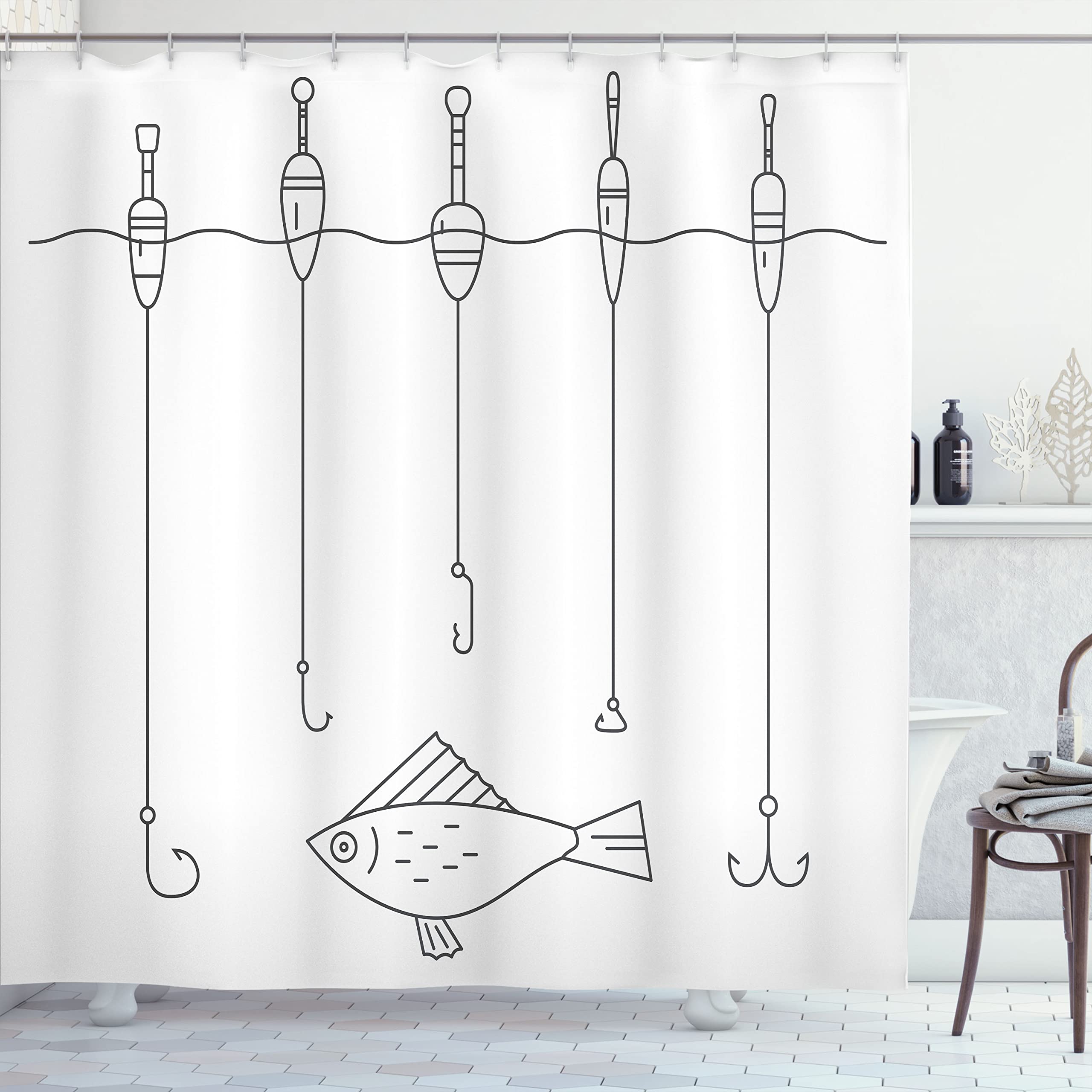 Ambesonne Nautical Fishing Theme Shower Curtain - Waterproof Bathroom Decor with Hooks, 69