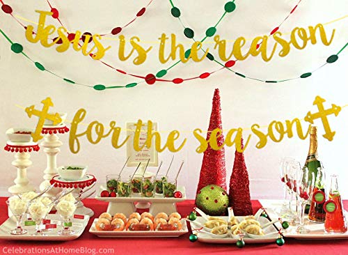 Jesus is the Reason for the Season Banner - Gold Glitter Christmas Holiday Banner - Funny Xmas Decorations for Home & Church - Perfect for Christmas Vacation & Holiday Party Decor
