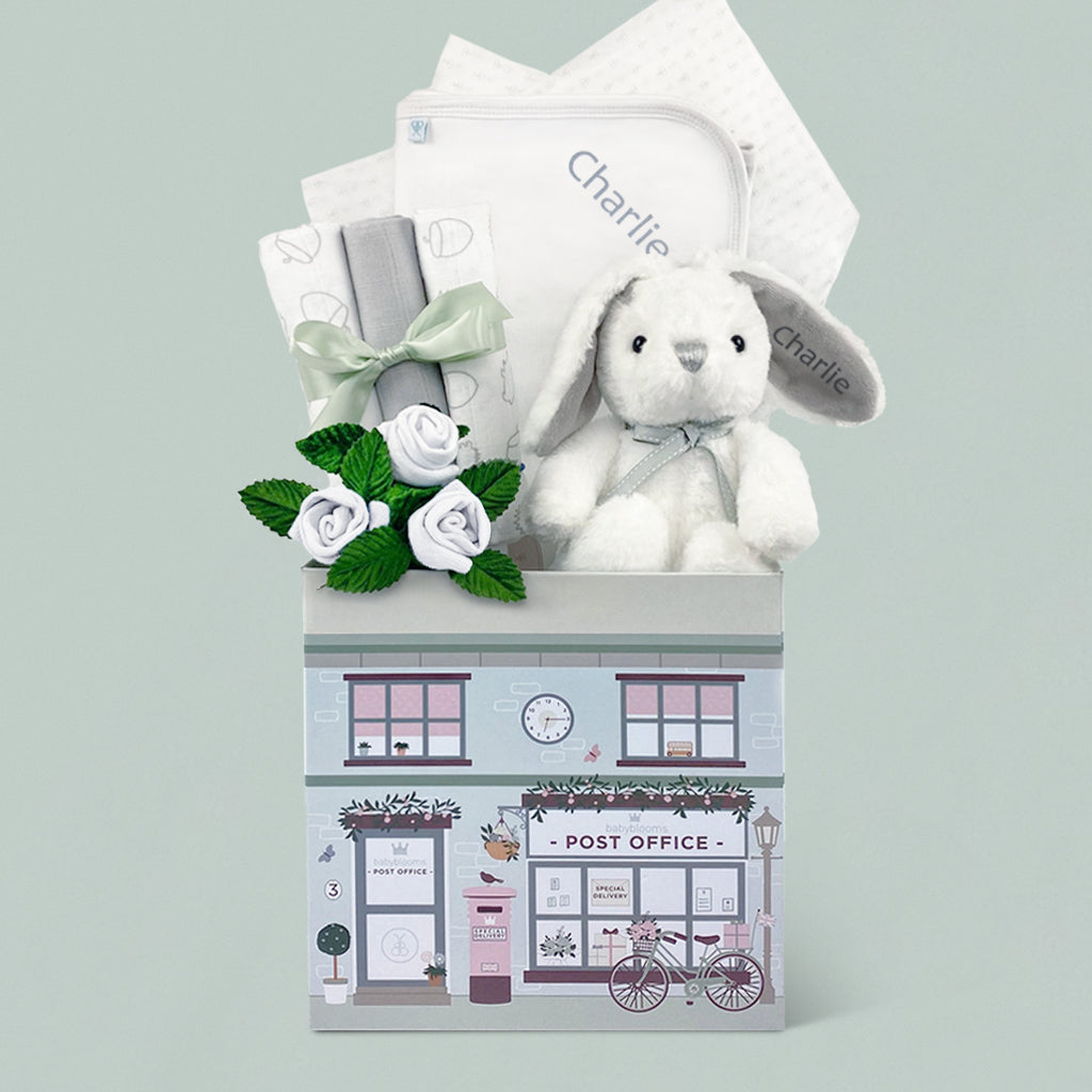 Personalized Baby Gift Set with Little Grey Bunny - Newborn Baby Shower, Christening, Birthday Present for Boys & Girls - Perfect for Nursery Decor and Keepsake Memories