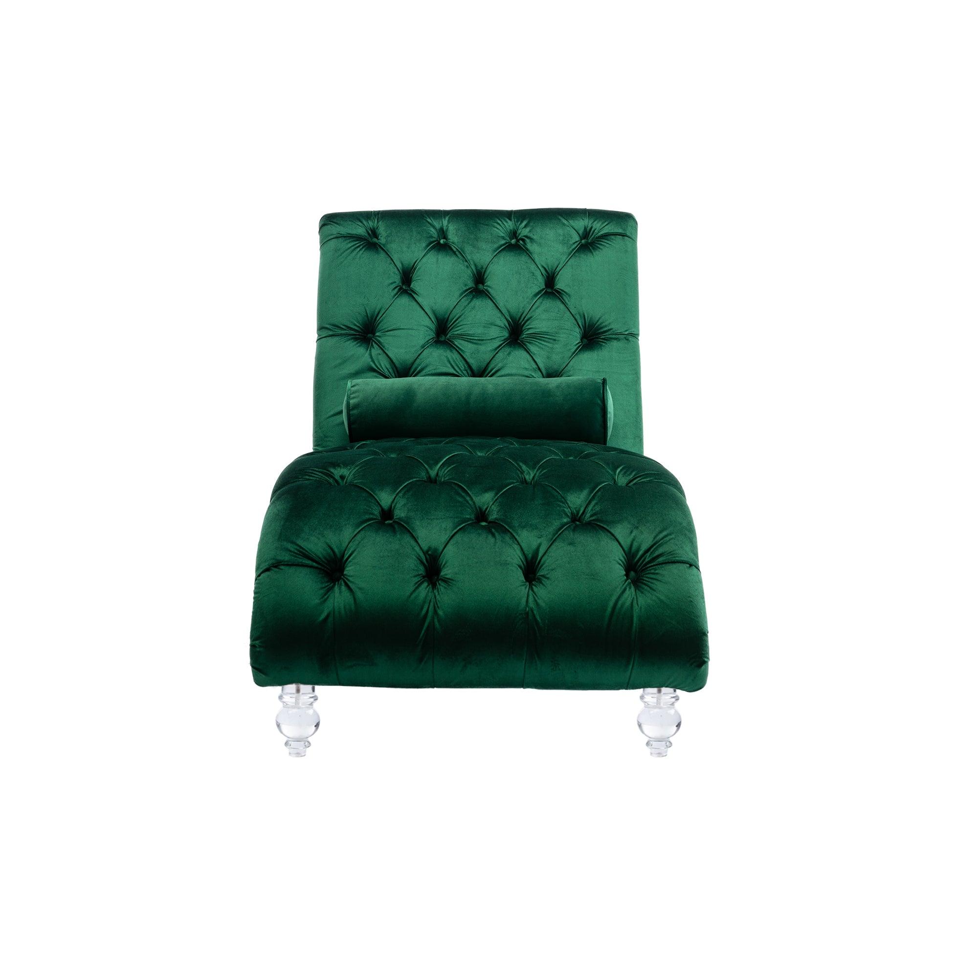 Luxury Velvet Chaise Lounge Chair - Button Tufted Upholstered Sofa with Pillow for Bedroom, Living Room & Office | Emerald Green Velvet Fabric | Perfect for Reading Nook, Lounge Area & Home Decor