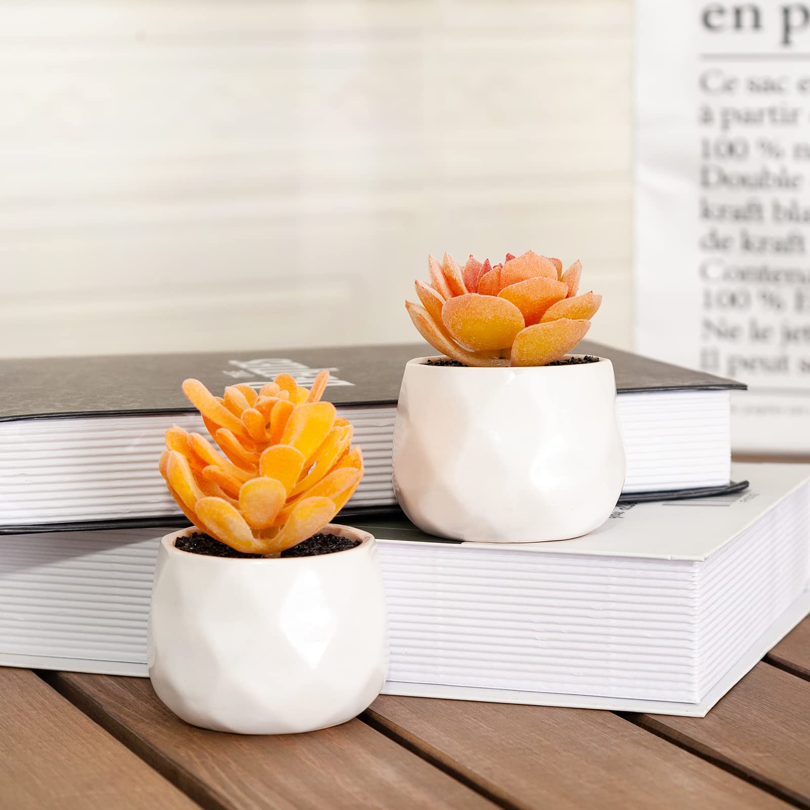 Tiita Artificial Faux Succulents in Mini Orange Pots - 4 Set Realistic Fake Plants for Home & Office Decor - Perfect for Desk, Window Sill, Bathroom, Bedroom & Gift Giving
