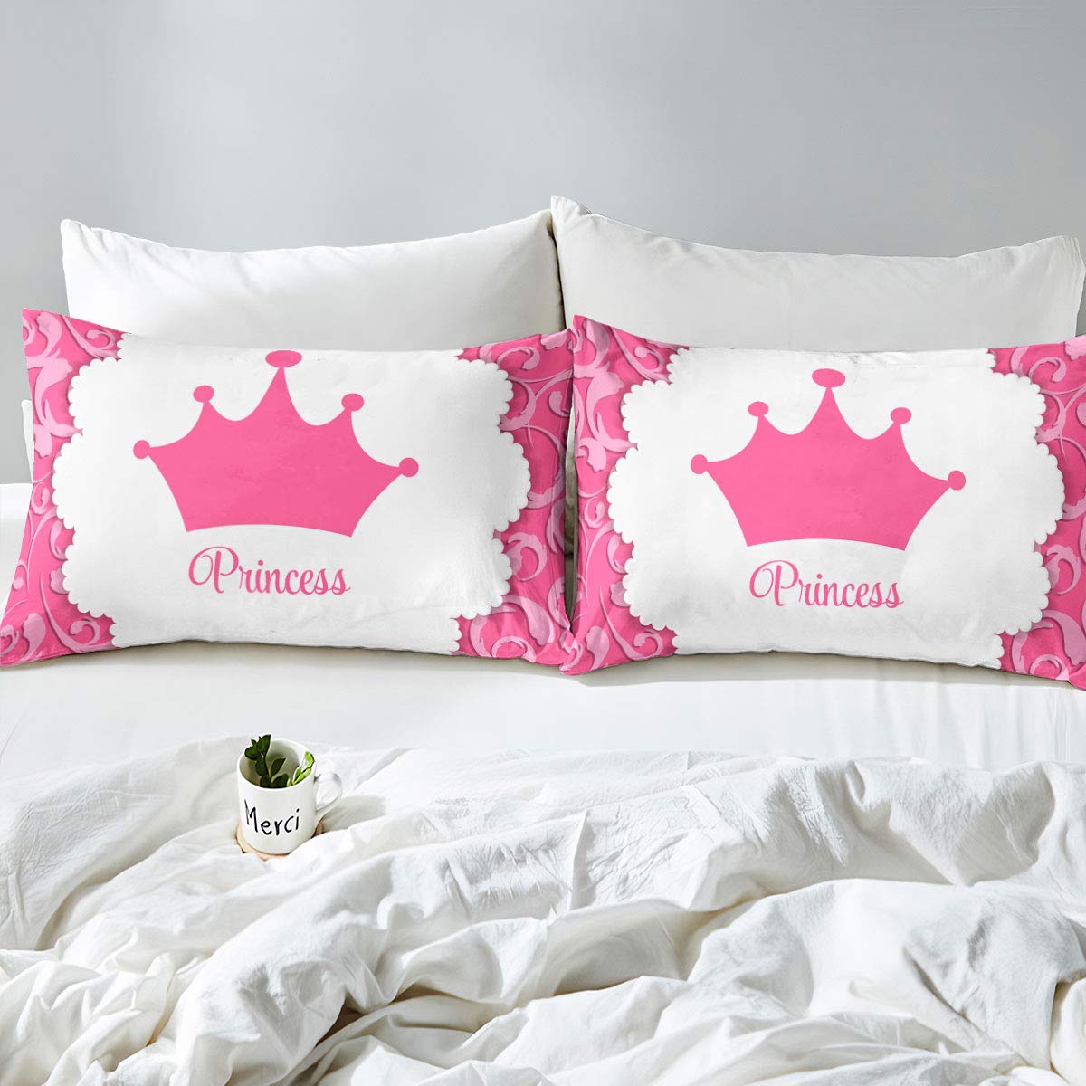 **Erosebridal Crown Print Twin Size Bedding Set - Princess Style Pink Cartoon Duvet Cover with Floral Pattern & Zipper Closure for Girls & Teens | Perfect for Kids' Bedrooms, Sleepovers & Themed Decor**