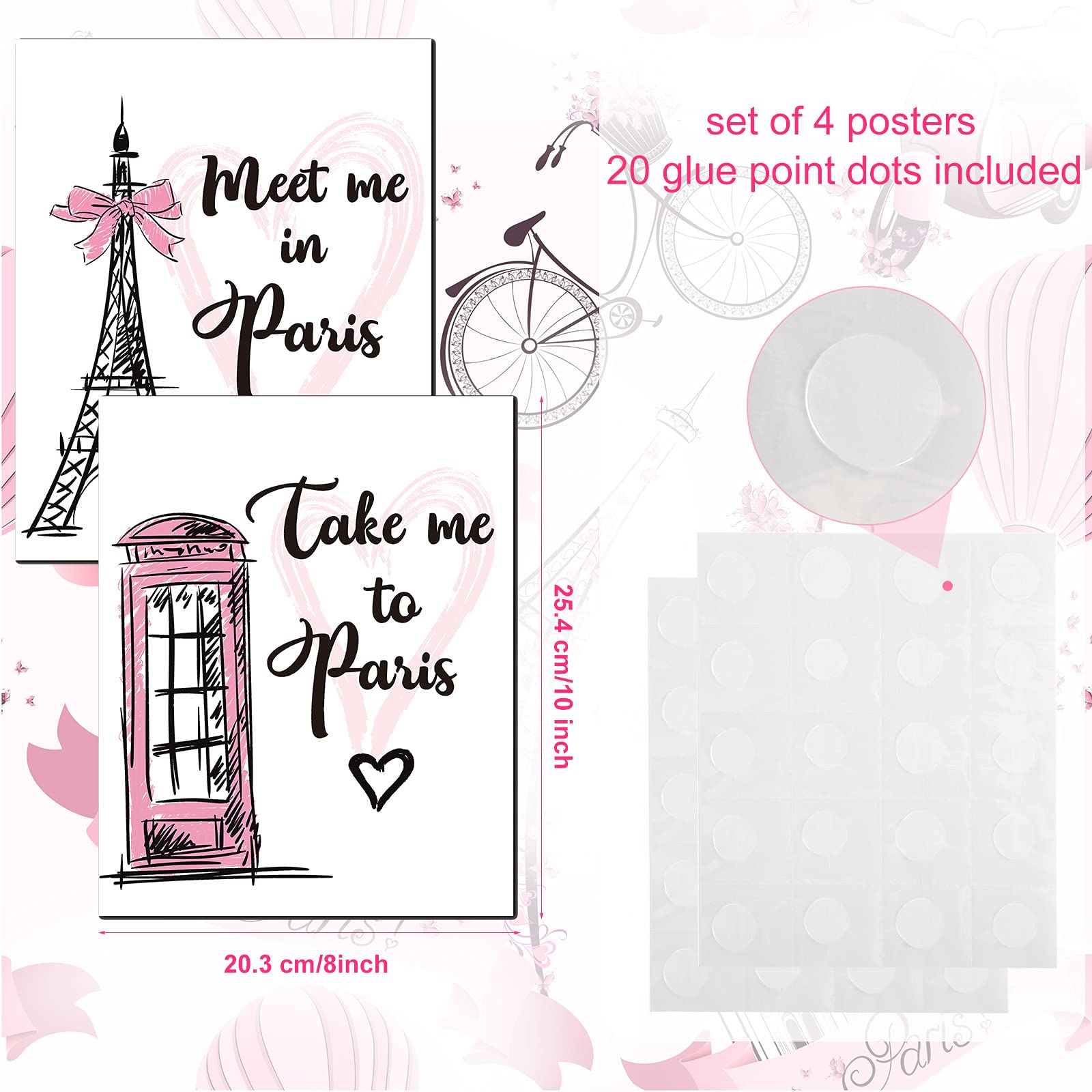 Outus 4-Piece Paris Wall Art Set - Pink Eiffel Tower Prints, Romantic Unframed Posters (8x10 Inch) for Bedroom, Living Room, Bathroom & Office Decor | Perfect for Girls' Rooms, French-Themed Home & Gift Ideas