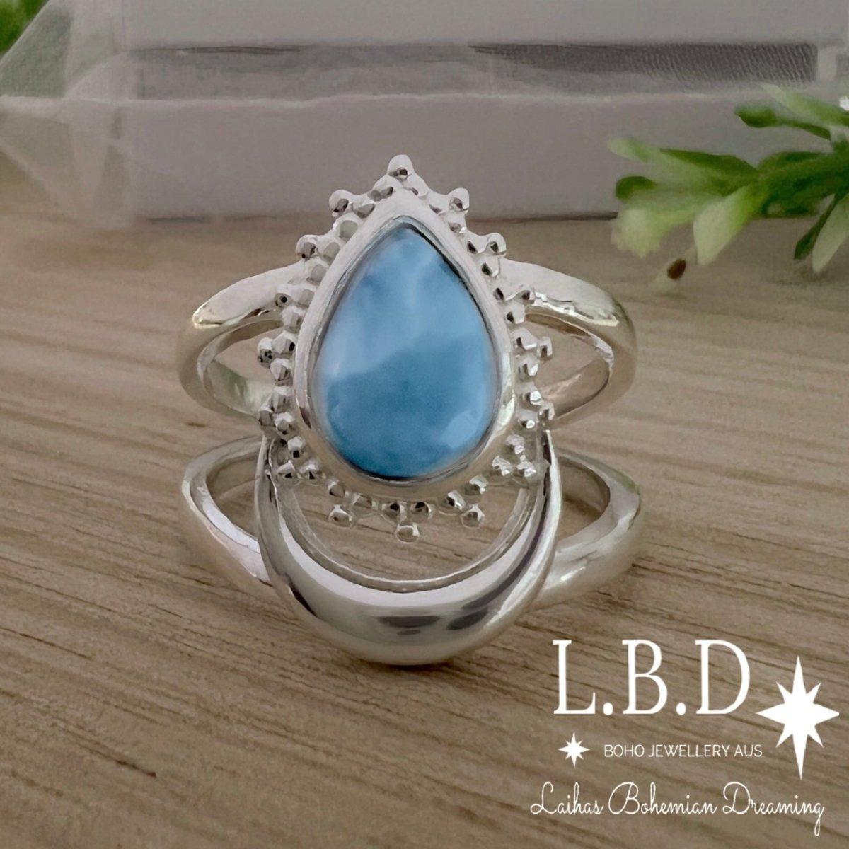 Boho Moon Larimar Ring for Women - Handmade Sterling Silver Adjustable Hippie Jewelry - Perfect for Festivals, Beach Parties & Boho Fashion