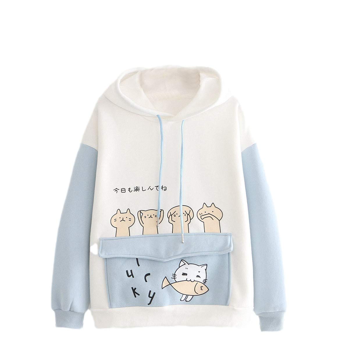 Cute Cat Print Cotton Blouse - Women's Fashion Hooded Sweatshirt & Pullover Dress Outfit for Casual Wear | Perfect for Everyday, Work & Weekend Outings