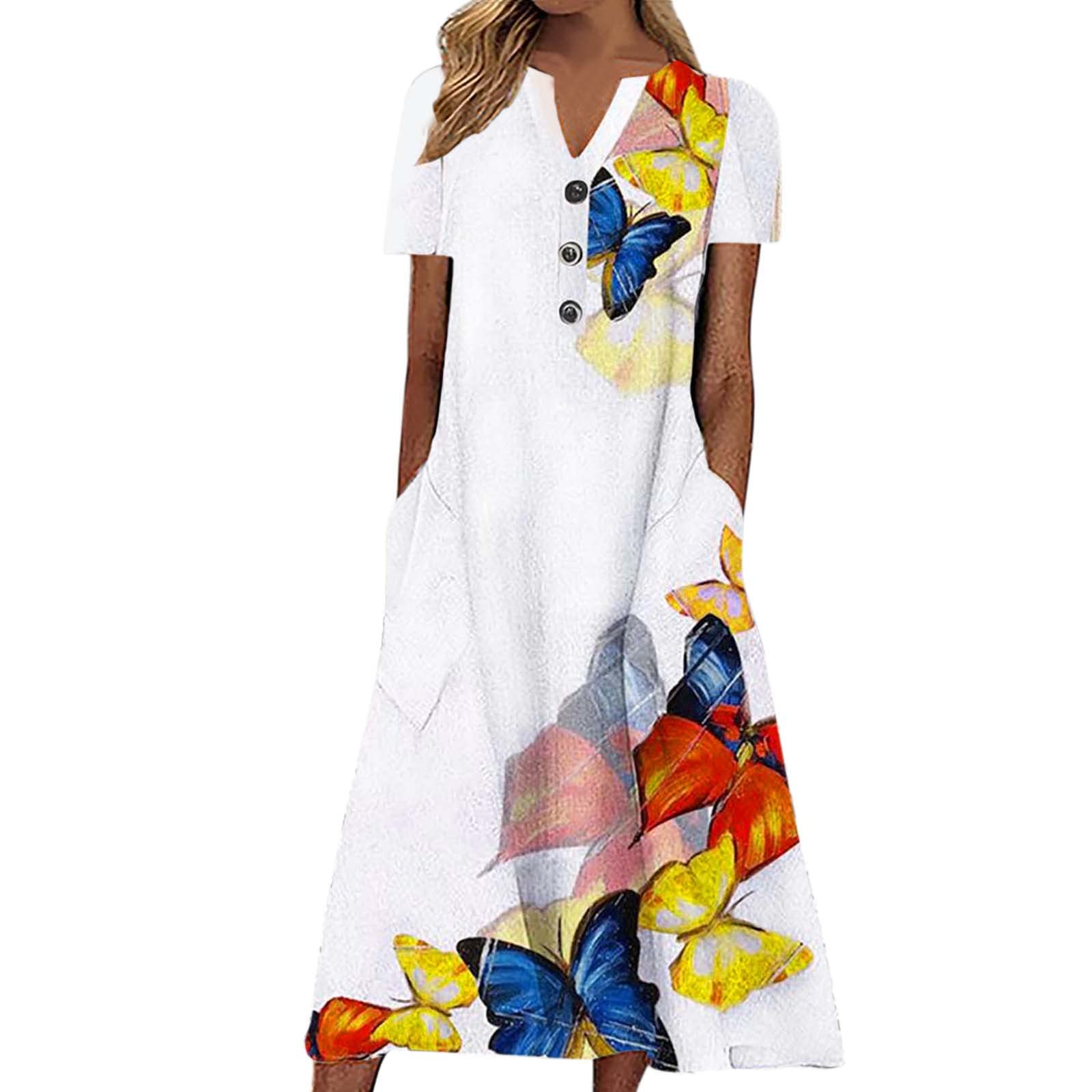 Women's V-Neck Short Sleeve Button Print Midi Dress - Casual Loose Sundress with Pockets for Summer, Beach, Party & Daily Wear (White, XL) 2022 Fashion