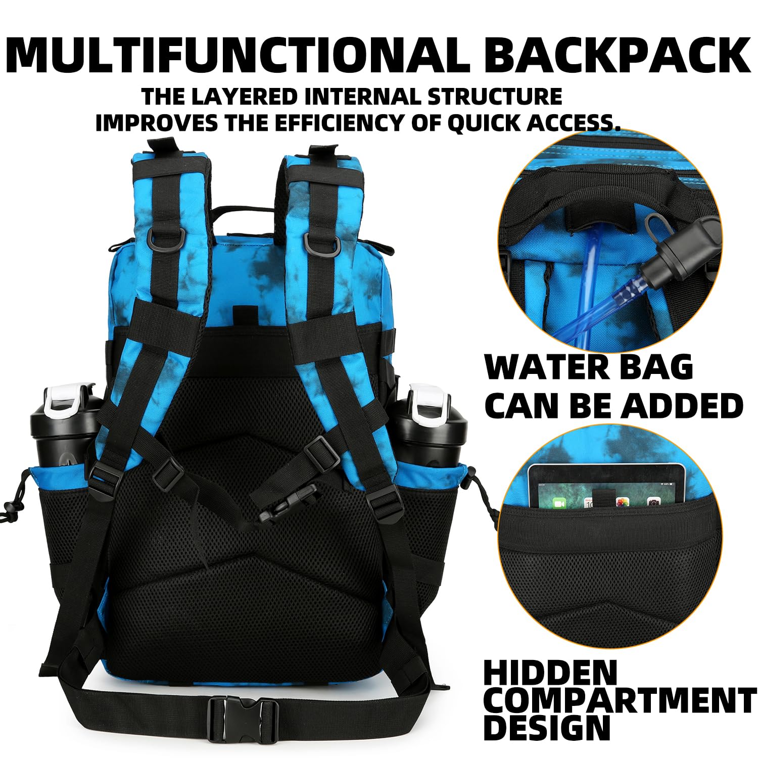 25L Tactical Backpack Military Molle Rucksack - Water Resistant Outdoor Hiking Camping Backpack for Men & Women - Perfect for Travel, Assault Training & Survival Gear (Blue Camo Pattern)