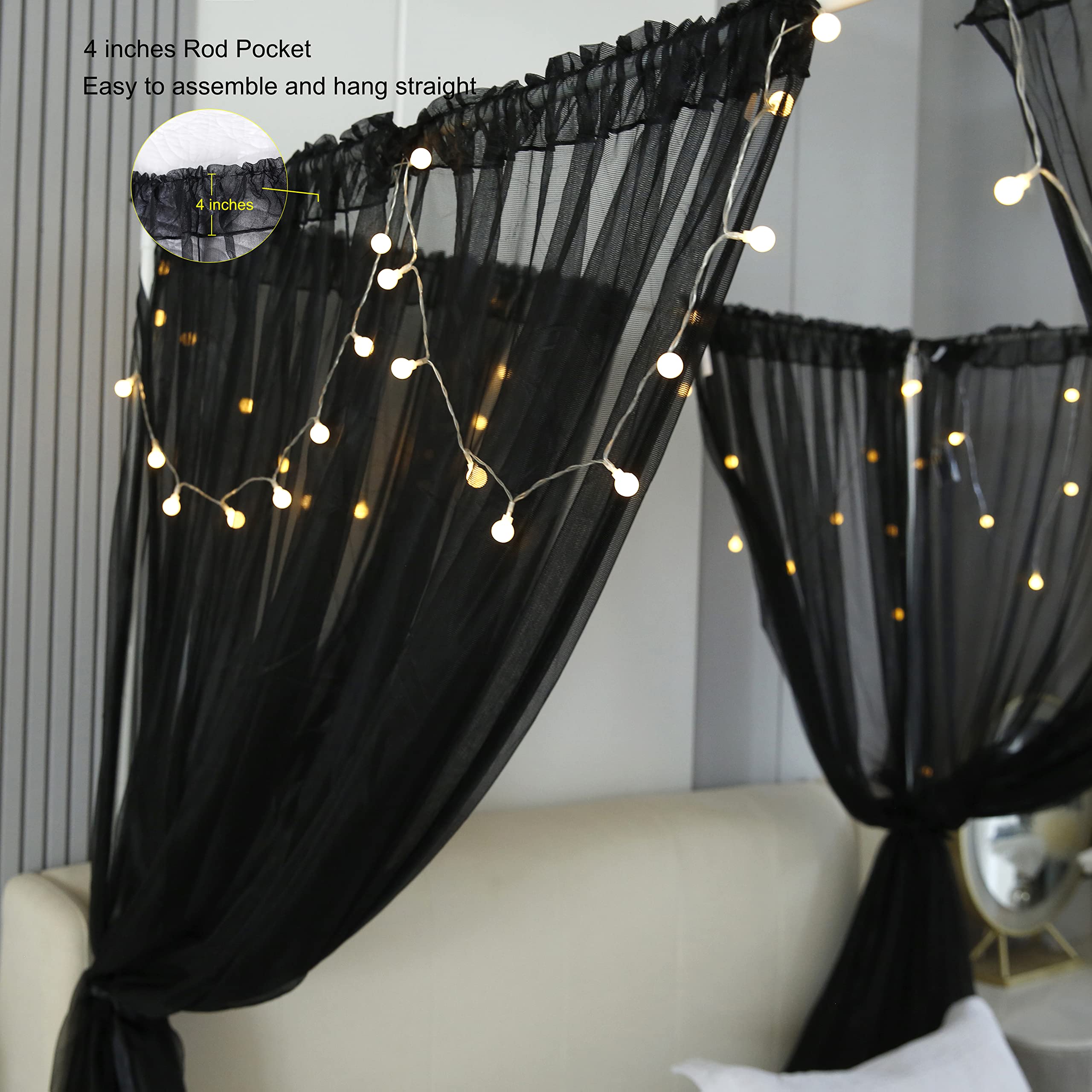 Elegant Black Sheer Canopy Curtains for Girls' Room - 8 Panels with Lights, Twin/Full/Queen/King Size Bed Drapes, Perfect for Bedroom Decor & Princess-Themed Sleepovers