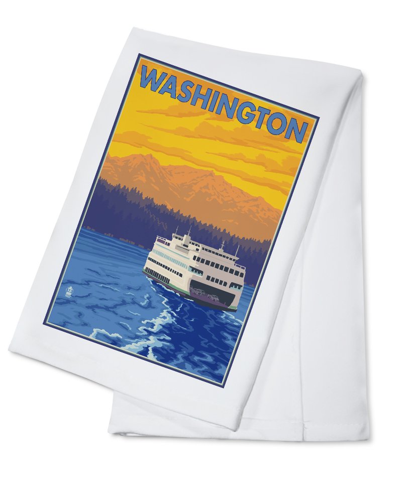 Washington, Ferry and Mountains 100% Cotton Tea Towel - Decorative Hand Towel for Kitchen & Home - Perfect for Dish Drying, Gift Giving, and Farmhouse Decor