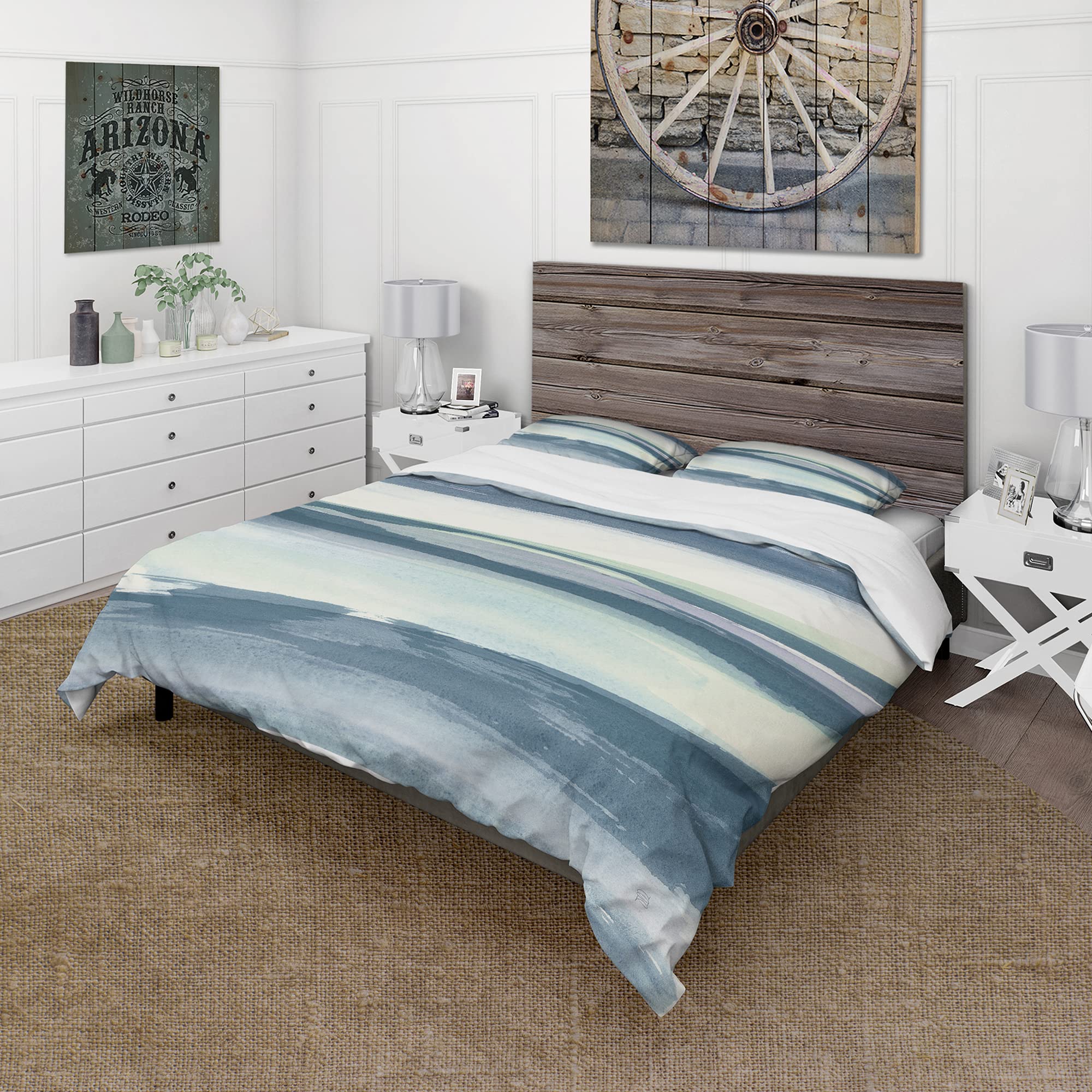 DesignQ Mint Indigo Dawn II Farmhouse Duvet Cover Set - Queen Size Blue Country Charm Bedding (3-Piece) | All Season Soft Cotton Comforter Cover for Cozy Farmhouse Bedroom Decor & Guest Room Styling