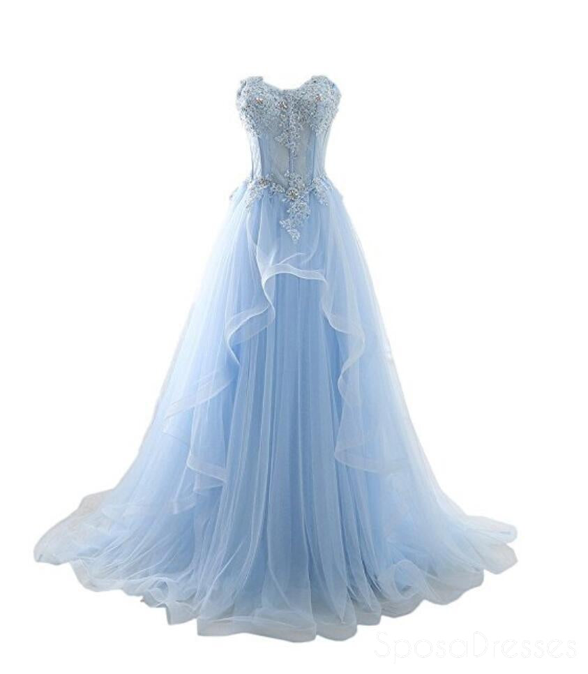 Light Blue Sweetheart Neckline Sheer Lace Tulle A-Line Long Evening Prom Dress for Women - Elegant Formal Gown for Homecoming, Wedding Guest, and Special Occasions