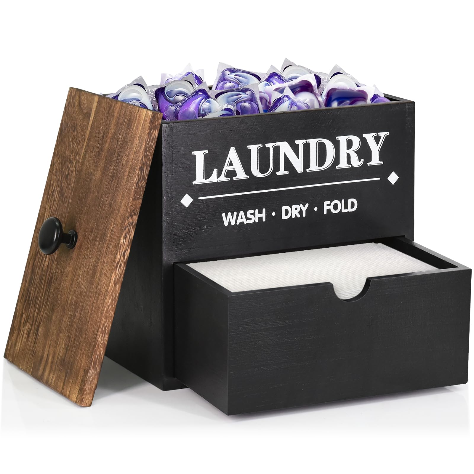 Wooden Dryer Sheet Holder with Drawer & Lid - Laundry Room Organizer for Dryer Sheets & Pods Storage - Wall Mounted Dispenser for Laundry Decor (Black) - Perfect for Small Spaces & Closet Organization