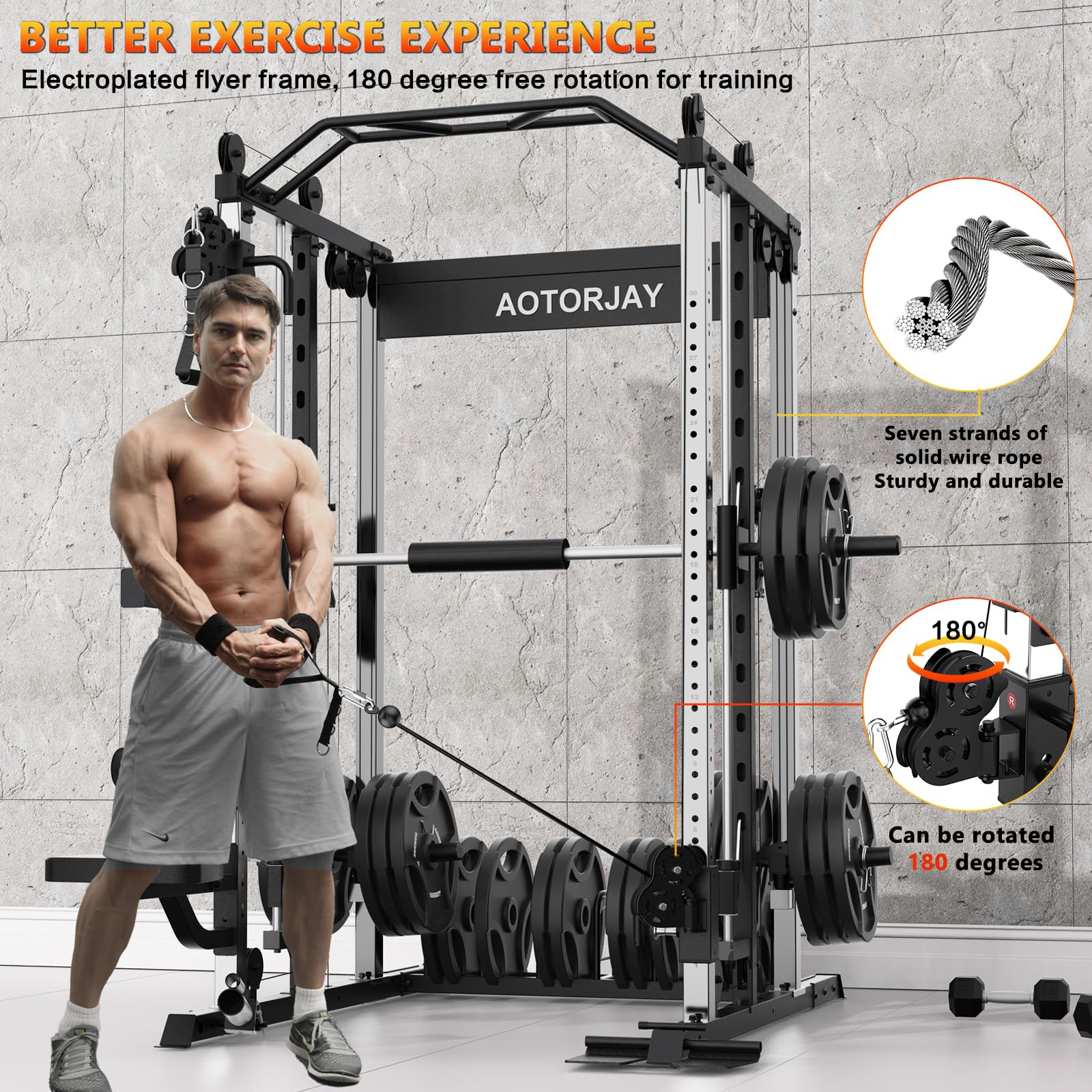 Smith Machine Squat Rack with Lat Pulldown & Cable Crossover - Power Cage Home Gym Equipment for Strength Training, Weight Lifting & Full-Body Workouts - Perfect for Garage Gyms & Home Fitness Spaces