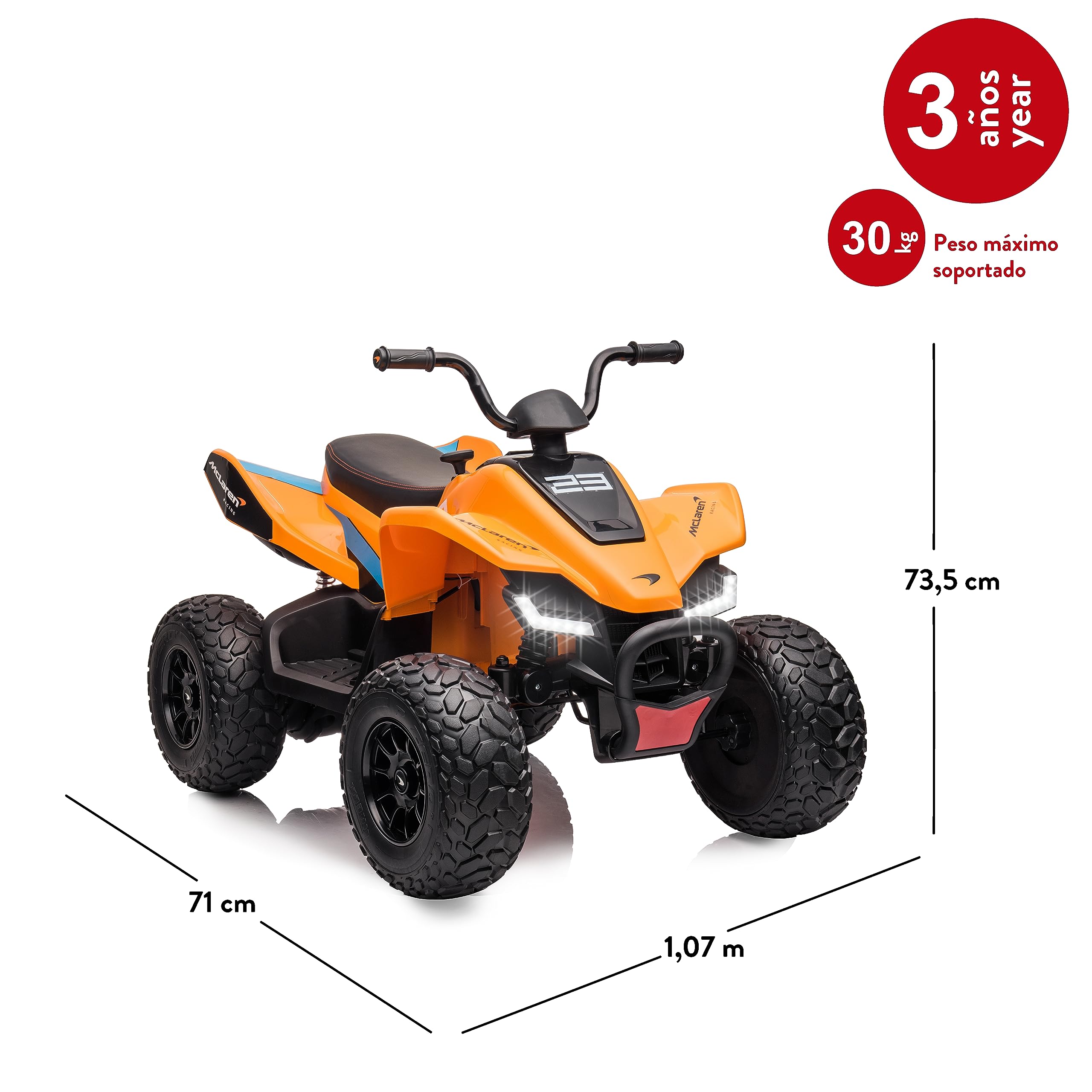 FEBER - 12V Battery-Powered McLaren MCL 35 Quad Ride-On Car with LED Lights, Original Model, 3-6 km/h Speed, Stable & Safe for Boys & Girls Ages 3+ - Perfect for Outdoor Play, Birthday Gifts & Family Fun (FEN11000)