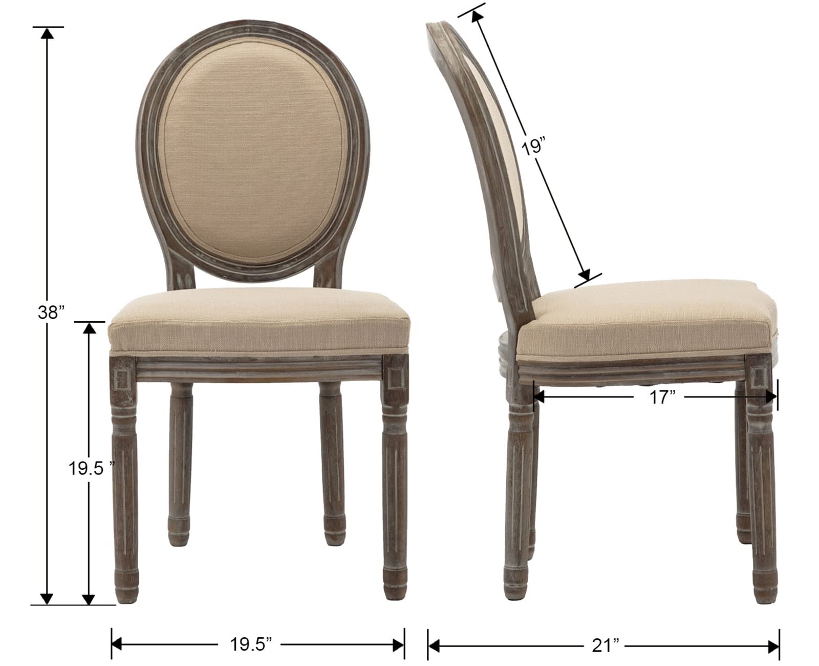 Kmax Farmhouse Dining Chairs Set of 2 - Brown Wooden Legs with Elegant Tufted Beige Fabric & Distressed Round Back - Perfect for Kitchen, Dining Room, Bedroom or French Country Decor
