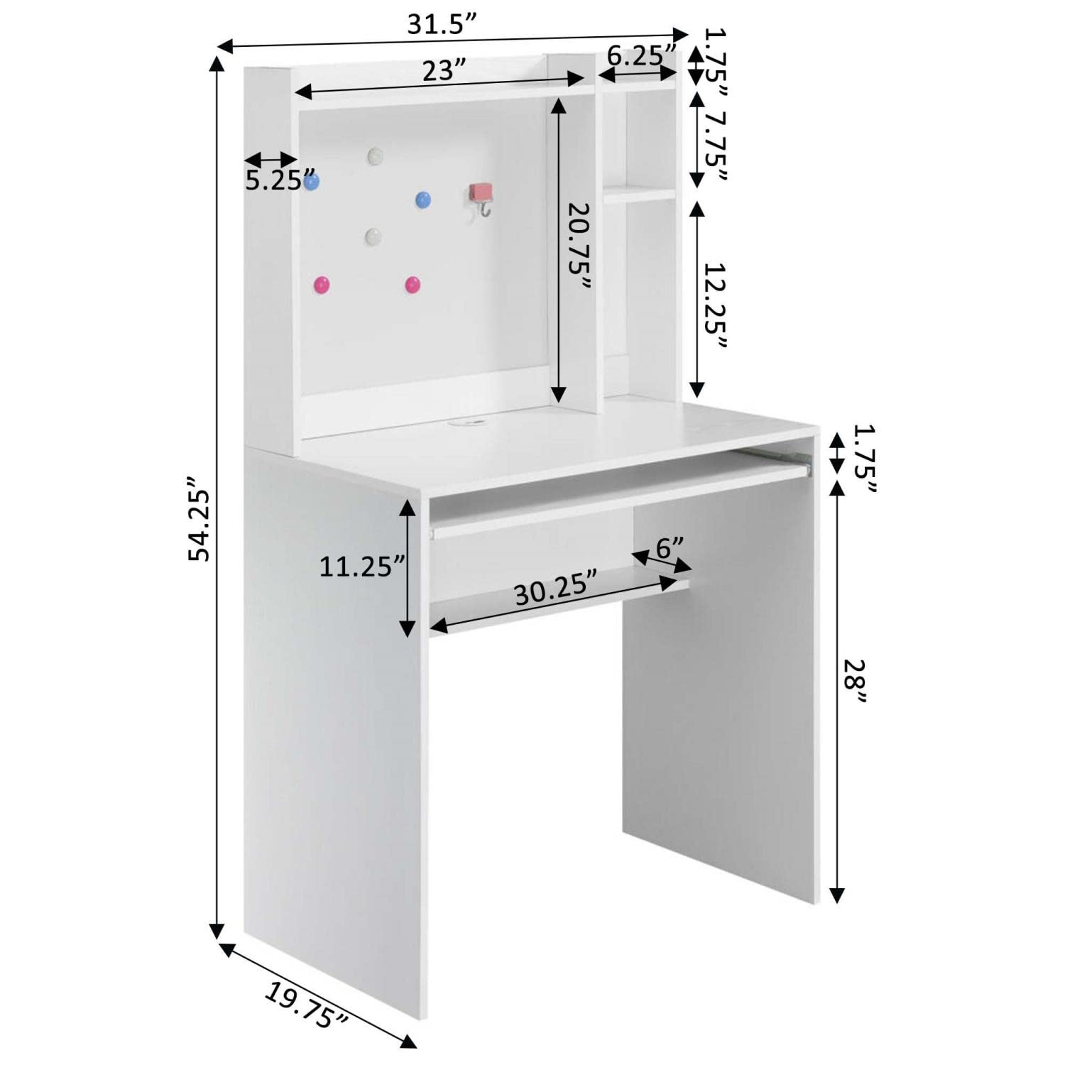 Convenience Concepts Designs2Go White Student Desk with Magnetic Bulletin Board & Shelves - Perfect for Small Spaces, Dorm Rooms & Home Office Study Areas