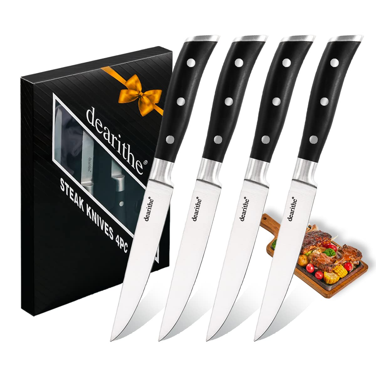Premium 4-Piece Steak Knife Set - Black Full-Tang Triple Rivet Non-Serrated Stainless Steel Sharp Blades (5 Inches) - Ideal for Restaurants, Kitchen, Camping & Dinner Parties - Dishwasher Safe