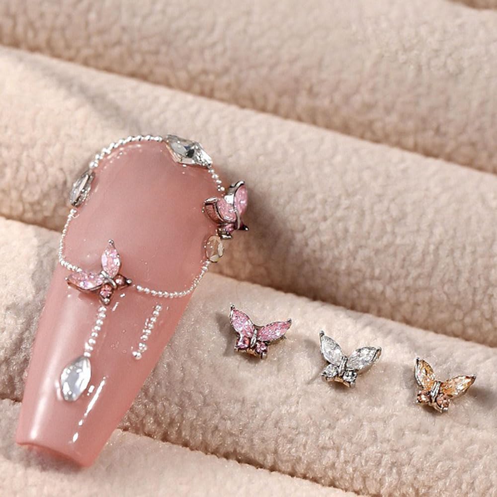 3D Butterfly Nail Charms - White Champagne Pink Rhinestone Crystal Butterflies for Nail Art, Nail Design, and Nail Decor | Perfect for DIY Nail Art, Salon Manicures, and Special Occasion Nail Accessories