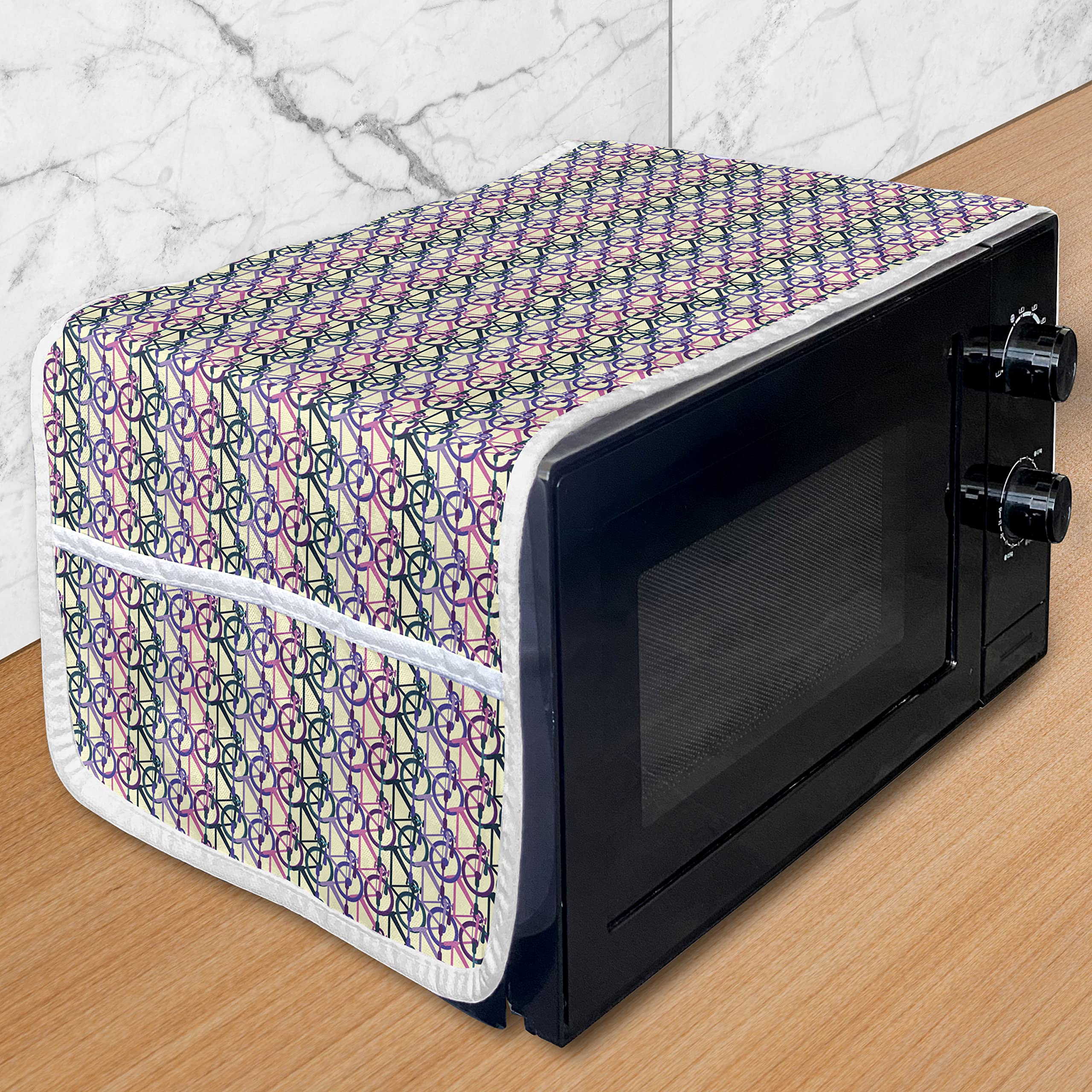 Ambesonne Vintage Bicycle Microwave Cover - Water Resistant Kitchen Organizer with Pockets, 36 x 12 Inches, Beige & Multicolor Retro Design - Perfect for Protecting Appliances in Small Kitchens & RVs