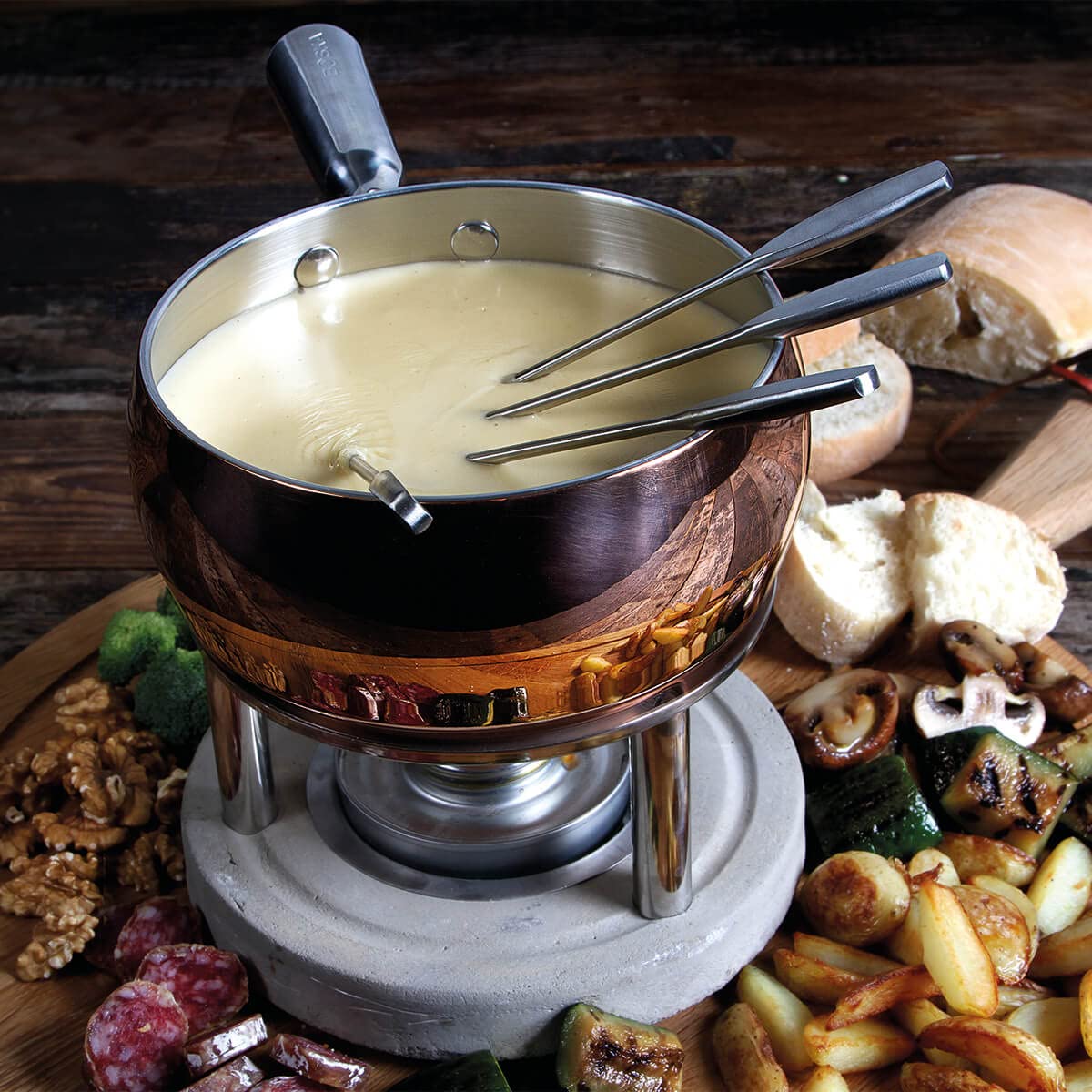 Boska Cheese Fondue Party Set - 4-Person Copper Fondue Pot with Stove-Safe Design for Chocolate, Cheese & Snacks - Perfect for Weddings, Parties & Family Gatherings
