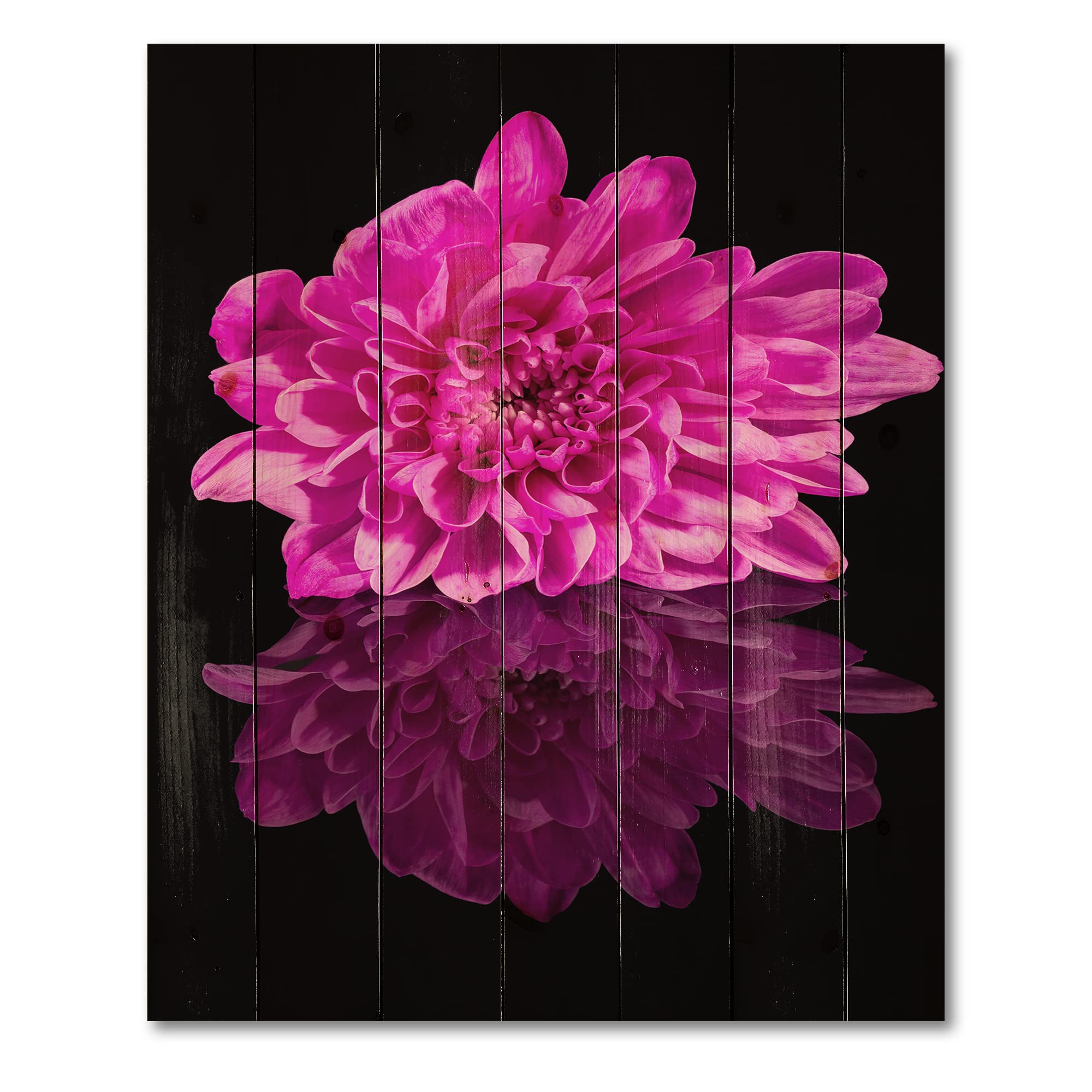 DesignQ Single Chrysanthemum Flower Wood Wall Art - Traditional Black Reflection Floral Decor, Large Purple Pine Wood Panel for Living Room, Bedroom & Office Decoration