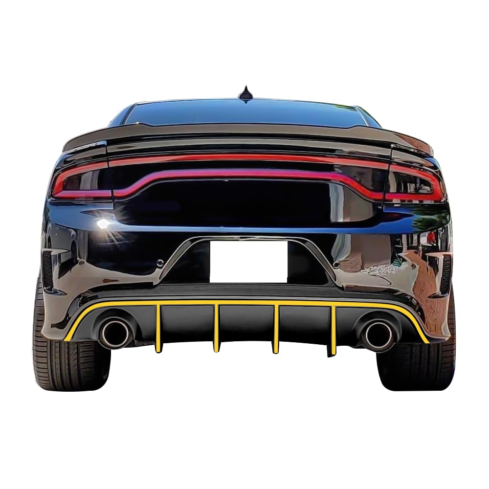 IKON MOTORSPORTS Bumper Lip Spoiler for 2015-2023 Dodge Charger SRT | Factory Style Rear Diffuser with Yellow Reflective Tape | Enhances Aerodynamics & Sporty Look for Street & Track Racing