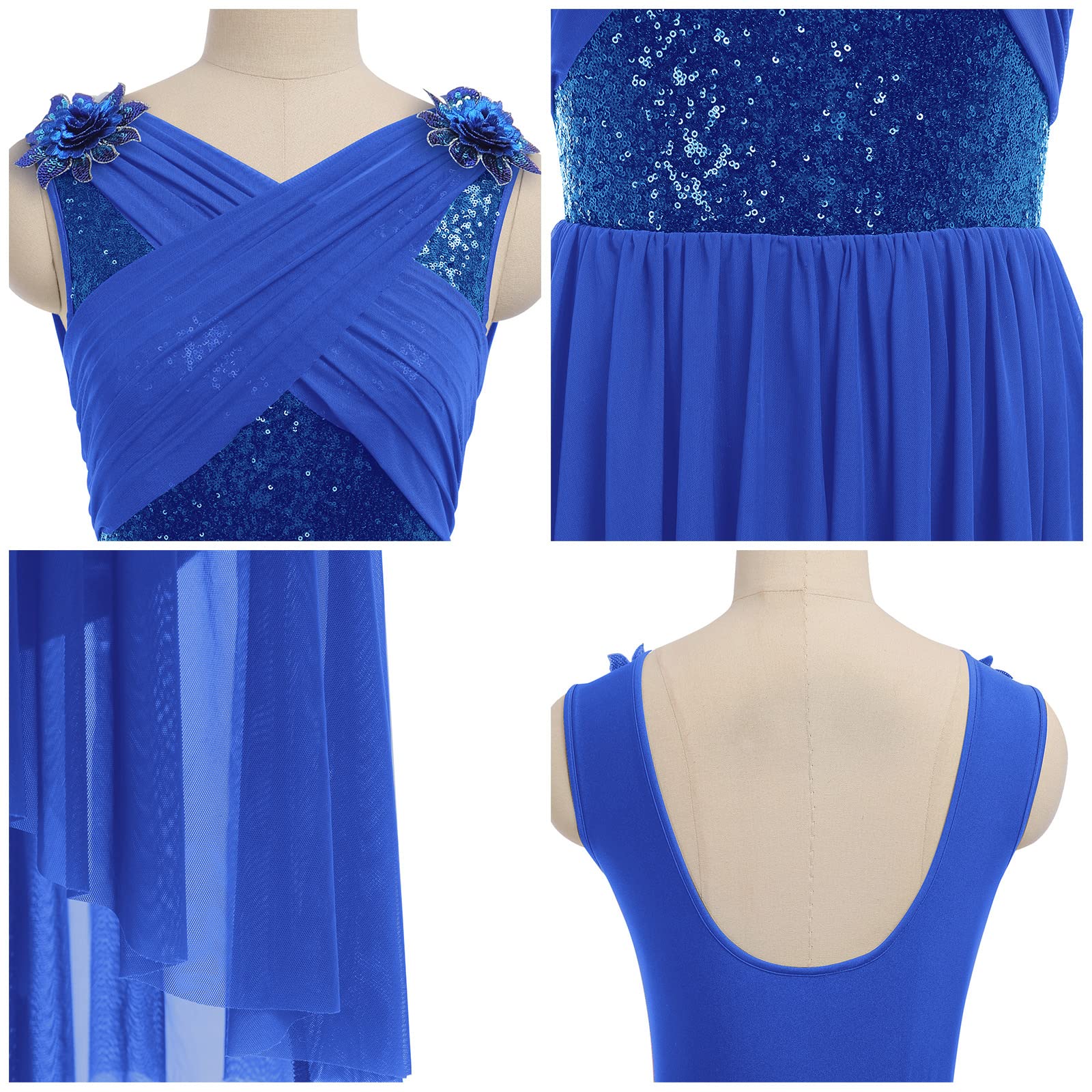 AFAVOM Women's Lyrical Dance Dress with Sequin Flower & Asymmetric Flowy Tulle Skirt – Elegant Contemporary Dance Costume for Performances, Recitals & Competitions