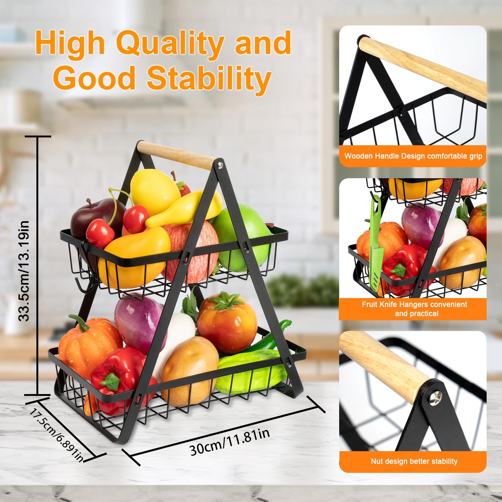 2 Tier Wooden Fruit Basket with Banana Hanger & Detachable Metal Holder - Kitchen Storage Organizer for Fruits, Vegetables, Bread & Snacks - Perfect for Countertop, Pantry & Dining Table Organization