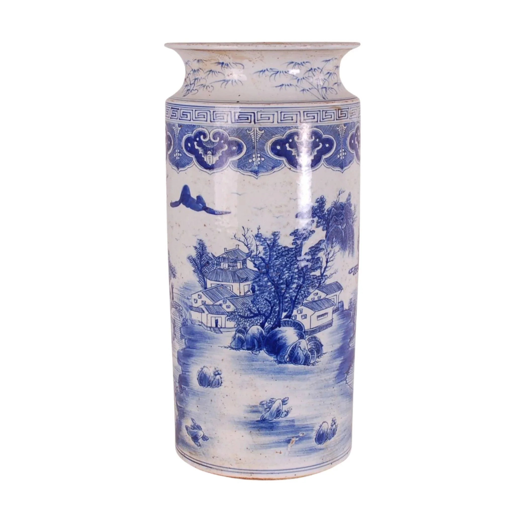 Blue and White Chinoiserie Landscape Porcelain Umbrella Stand - Elegant Home Decor for Entryway, Living Room, or Garden - Perfect for Organizing Umbrellas in Style