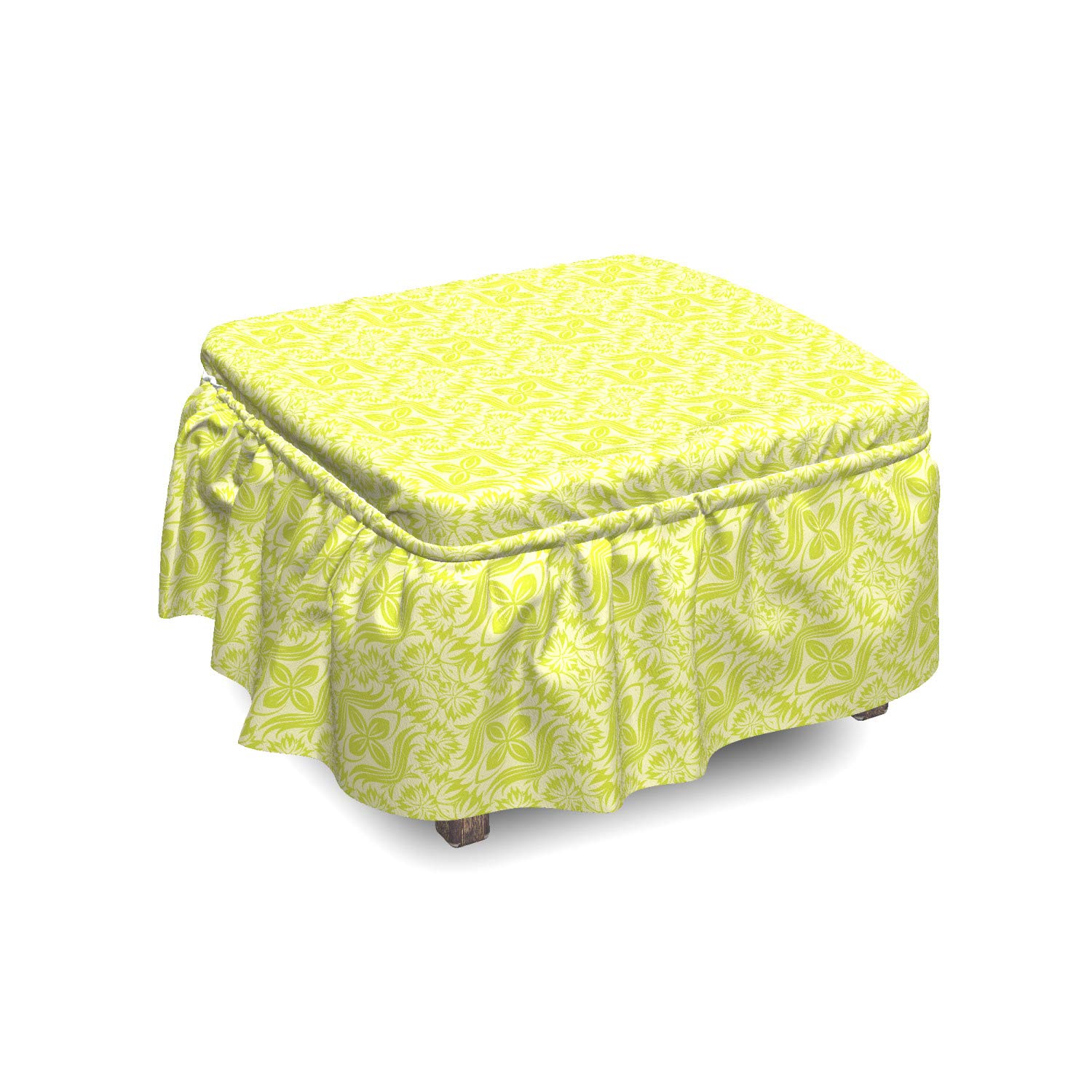 Ambesonne 2-Piece Ottoman Slipcover Set - Flourishing Flowers & Leaves Design, Ruffle Skirt for Square/Round Footstools, Apple & Pale Green Home Decor | Perfect for Living Room, Bedroom & Nursery Accent