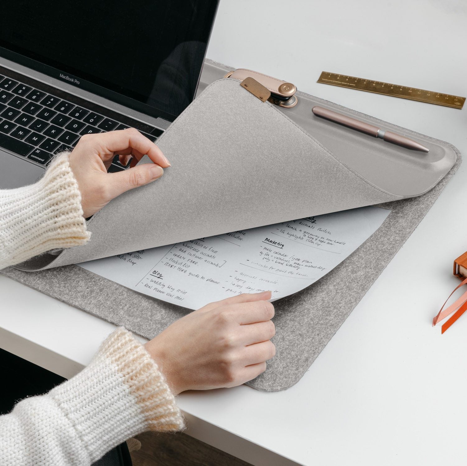 ORBITKEY Premium Leather Desk Organizer - Large Size in Matte Stone Finish | Stylish Office Accessory for Home & Workspace Organization