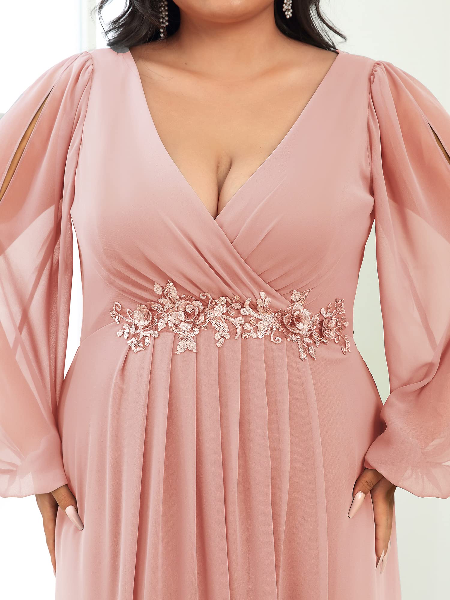 Ever-Pretty Plus Size Women's Formal Dress - Floor Length V-Neck Floral Applique Lantern Sleeve Gown for Curvy Women | Wedding Guest, Prom, Evening Party, Special Occasion