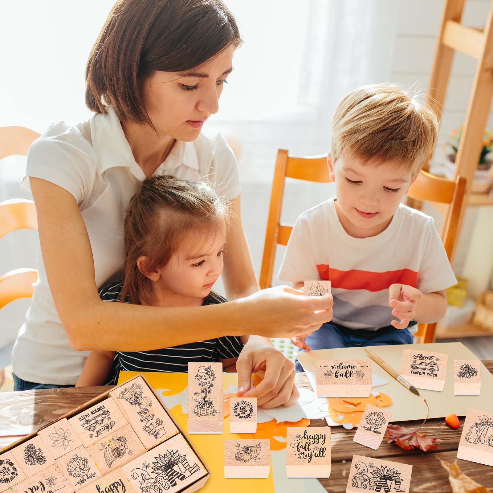 16Pcs Fall Wooden Rubber Stamps Set with Ink Pads - Autumn DIY Craft Kit for Thanksgiving Cards, Scrapbooking, Classroom Projects & Party Decorations - Perfect for Seasonal Greeting Cards, Gift Wrapping & Home Decor