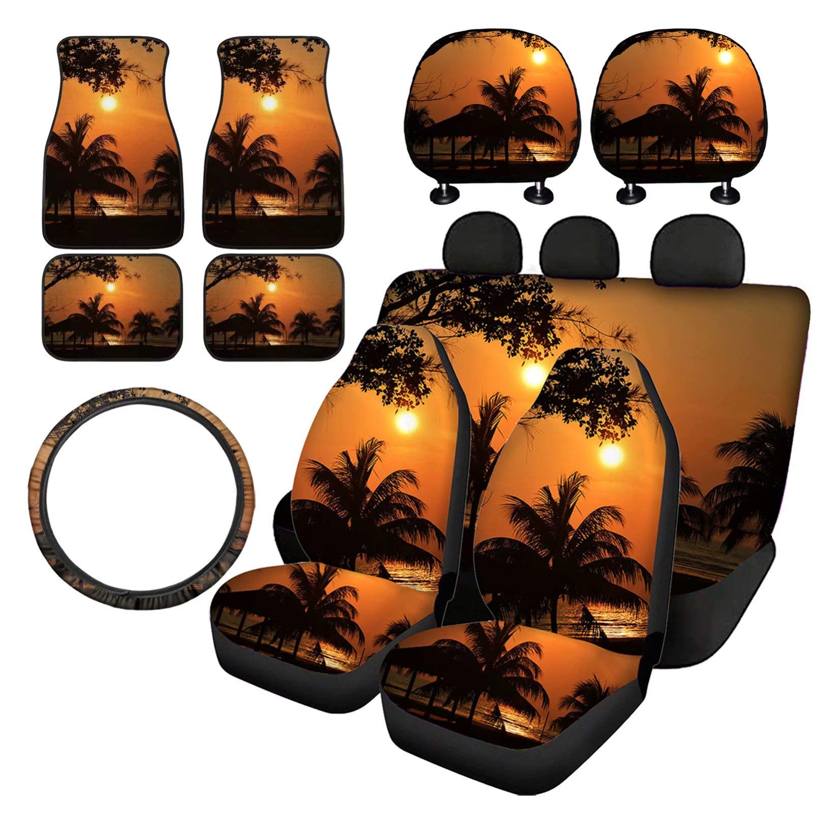 Pensura Hawaiian Palm Island Sunset Printed 2-Piece Car Seat Covers Set with Headrest Protectors - Tropical Floral Design Front Cushion Protectors, Floor Mats & Steering Wheel Cover for Cars, SUVs & Trucks - Perfect for Beach Trips, Summer Road Travel & Tropical-Themed Vehicle Decor