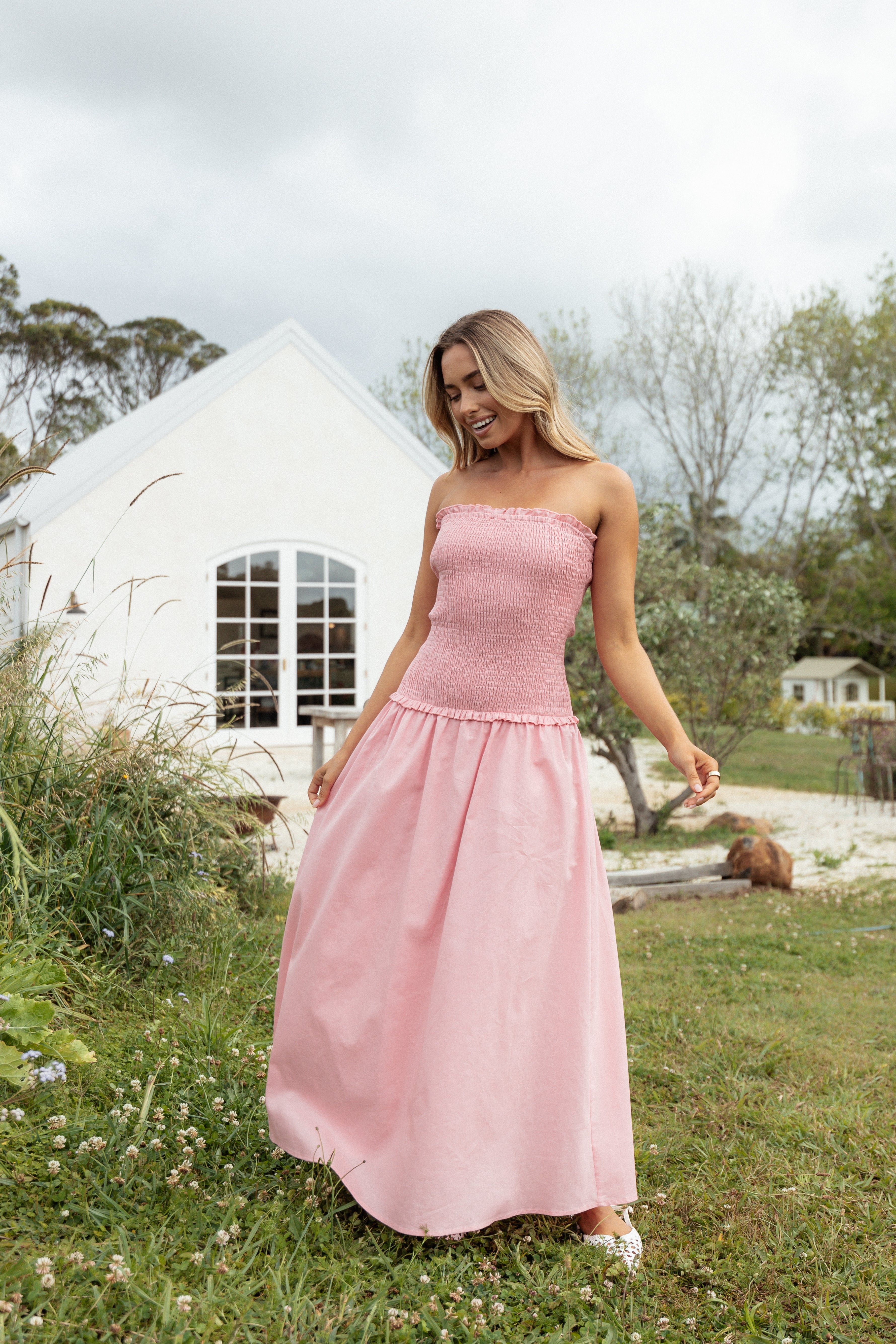 Bea Maxi Dress for Women - Soft Pink Flowy Long Dress, Summer Boho Chic Style, Perfect for Beach, Vacation, and Casual Outings