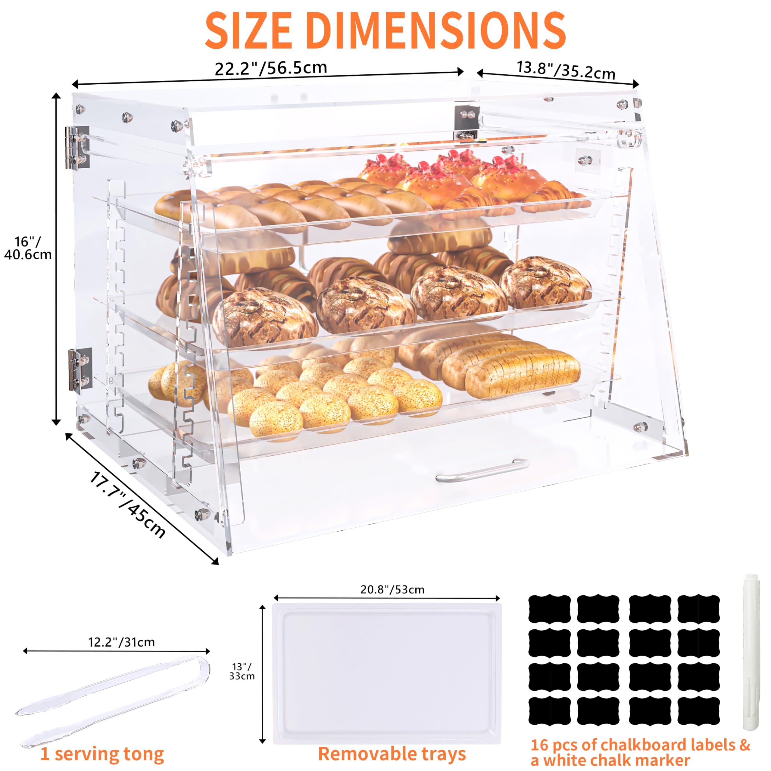 Commercial Countertop Bakery Display Case - 3-Tier Adjustable Pastry Case with Bread Tongs - Clear Acrylic Showcase for Cakes, Cookies & Baked Goods (21