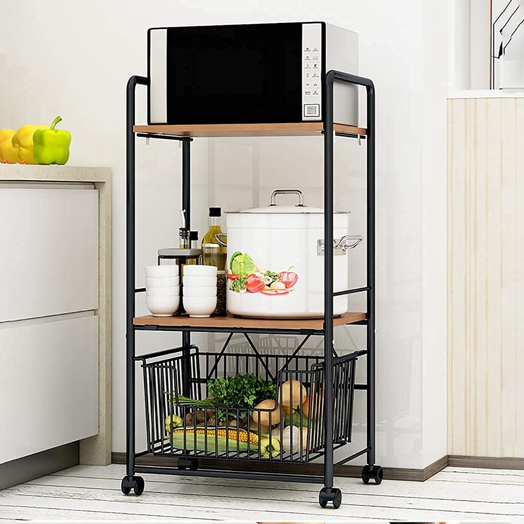 3-Tier Rolling Kitchen Baker’s Rack with Microwave Stand & Storage Drawer | Heavy Duty Wire Shelf Organizer for Spices, Cookware & Small Appliances | Perfect for Small Kitchens, Pantry Organization & Baking Workstations