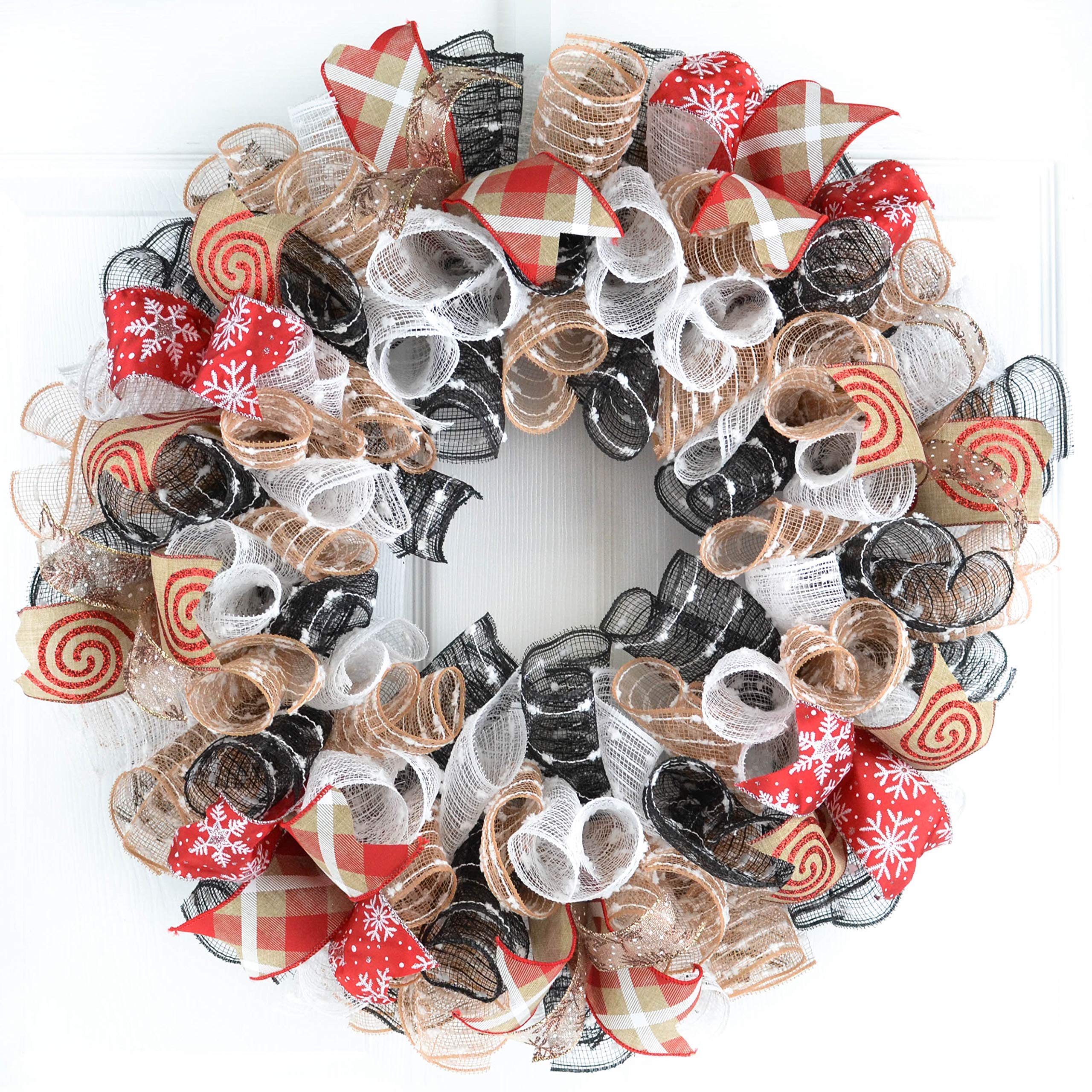 Black Rustic Christmas Wreath for Front Door - Holiday Mesh Decor with Red & White Accents - Perfect for Winter Home, Office & Fireplace Decorations