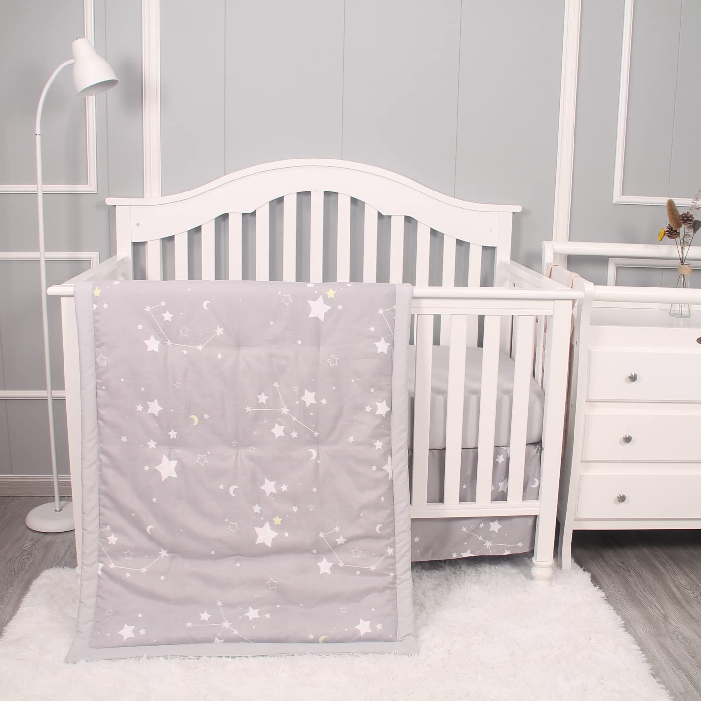 Belsden 3-Piece Baby Crib Bedding Set for Boys & Girls - Ultra Soft Nursery Bedding with Comforter, Fitted Crib Sheet & Crib Skirt - Star Light Grey - Perfect for Newborns, Infant Rooms & Baby Showers
