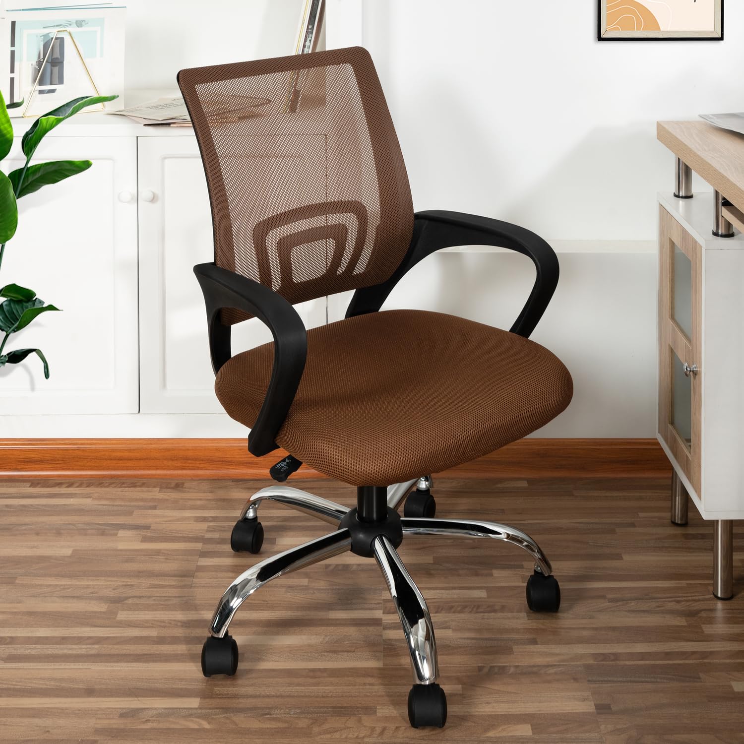 Ergonomic Home Office Desk Chair with Adjustable Lumbar Support - Comfortable Swivel Rolling Computer Chair for Small & Tall Desks, White & Brown Executive Chair - Perfect for Remote Work, Gaming, and Long Hours at Office Desk