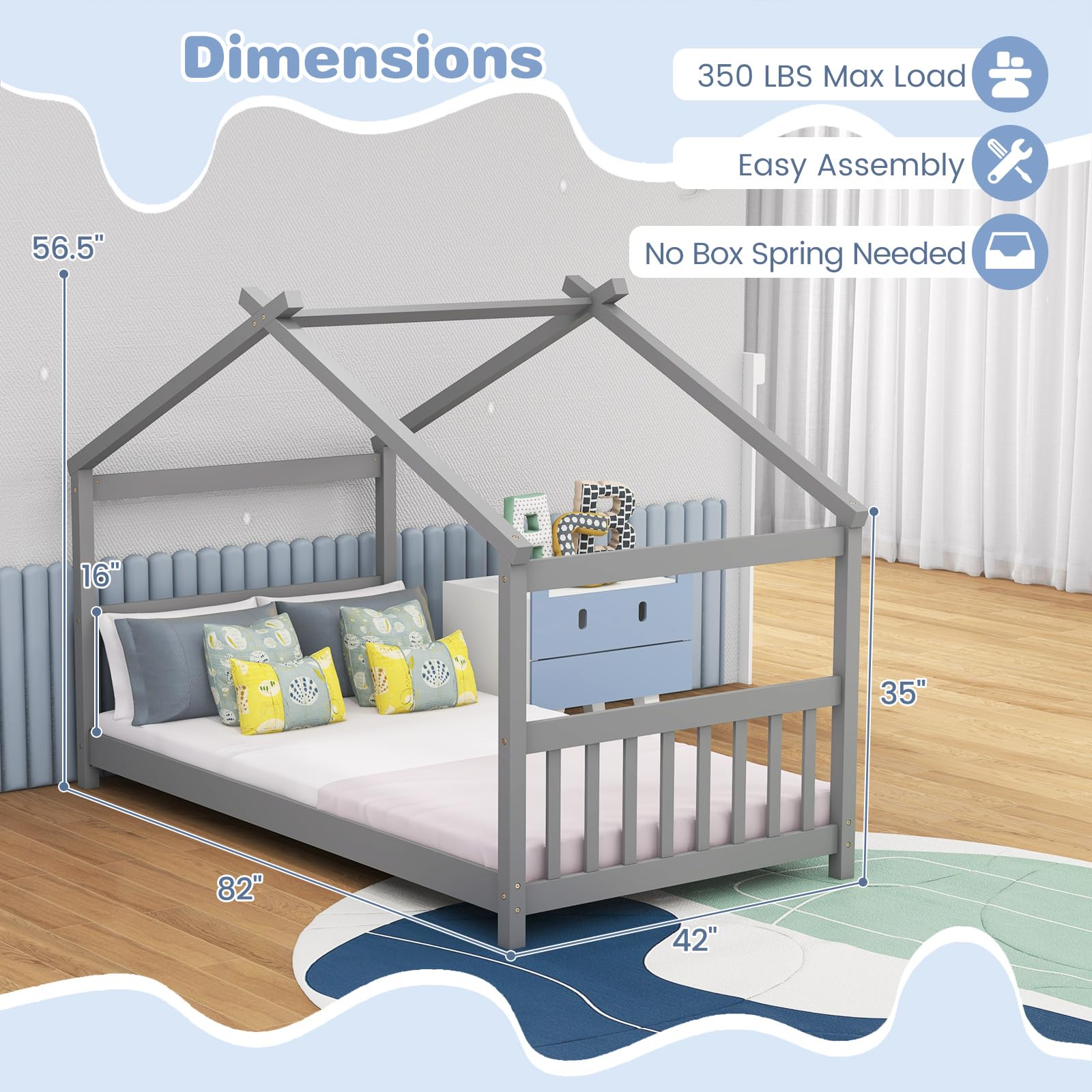 KOMFOTT Twin Wood House Bed for Kids - Low Profile Floor Bed Frame with Roof, Headboard & Footboard - Montessori Style Tent Bed for Toddlers, Boys & Girls - No Box Spring Needed (Grey) - Perfect for Bedrooms, Playrooms & Montessori Learning Spaces