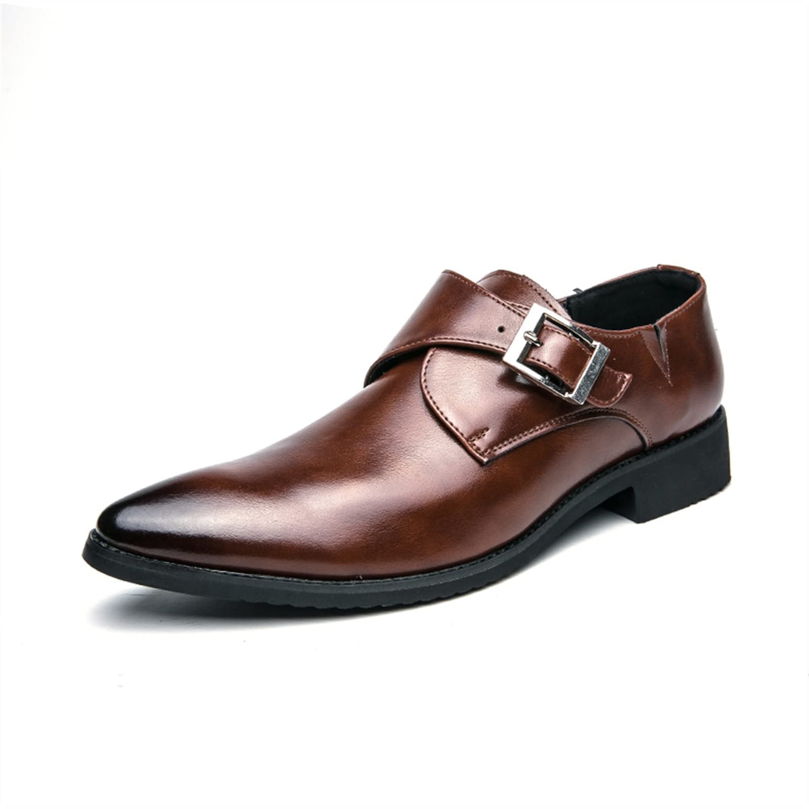 Men's Slip-On Monk Strap Oxford Dress Shoes - Burnished Pointed Toe PU Leather with Non-Slip Rubber Sole & Block Heel | Formal Office Wear, Business Attire & Wedding Occasions