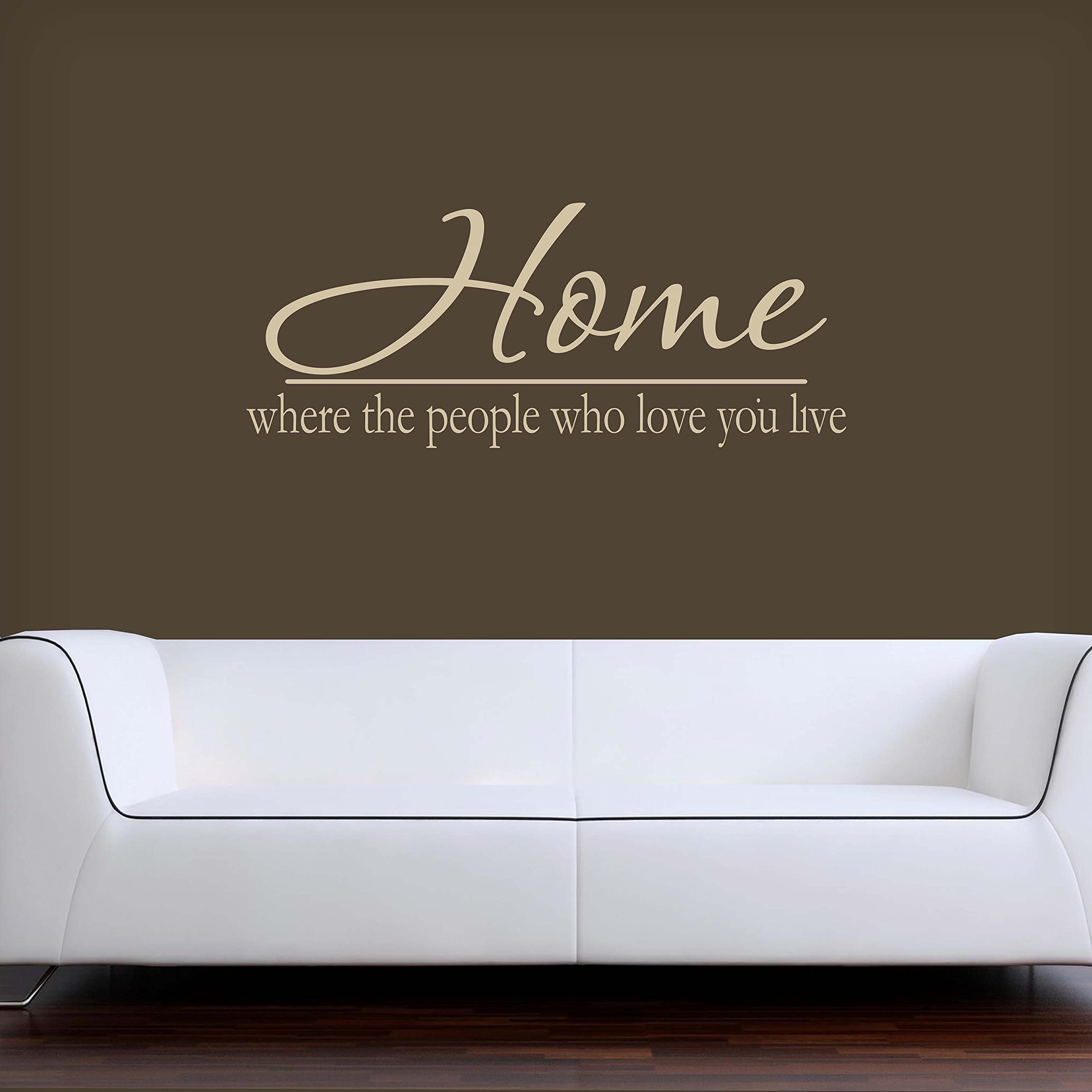 Vinyl Quote Me Living Room Sign - 'Home Where The People Who Love You Live' Wall Decal - Family Living Room Decor - Made in USA - 22x9 Inches in Tan - Perfect for Farmhouse, Rustic & Cozy Home Decor