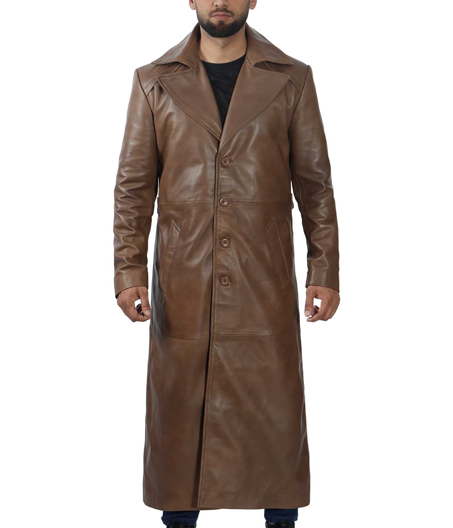 Genuine Lambskin Leather Trench Coat for Men - Full Length Peacoat Winter Jacket | Premium Real Leather Long Coat | Perfect for Formal Events, Business Meetings & Cold Weather Protection